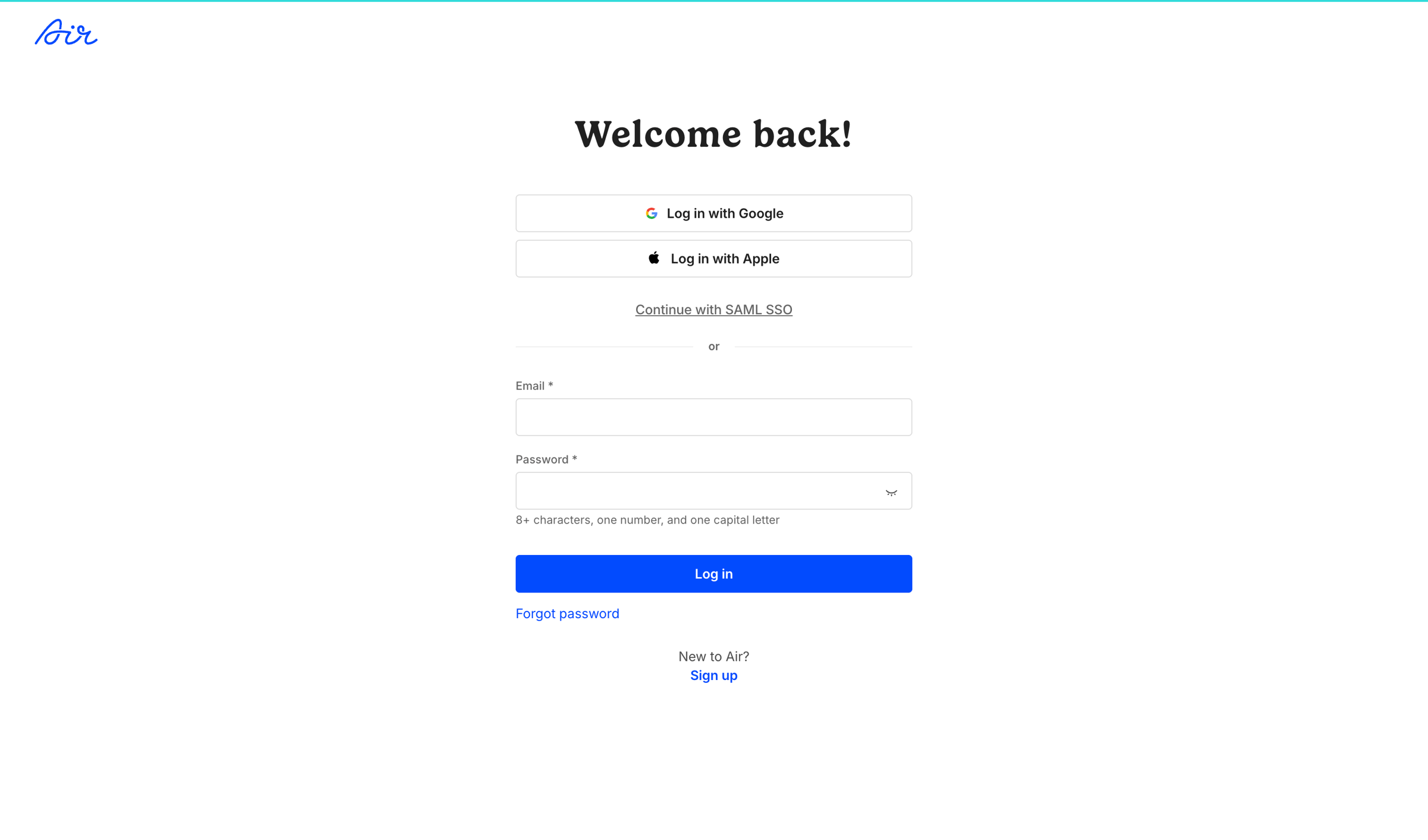 Air - Log in / Air screen