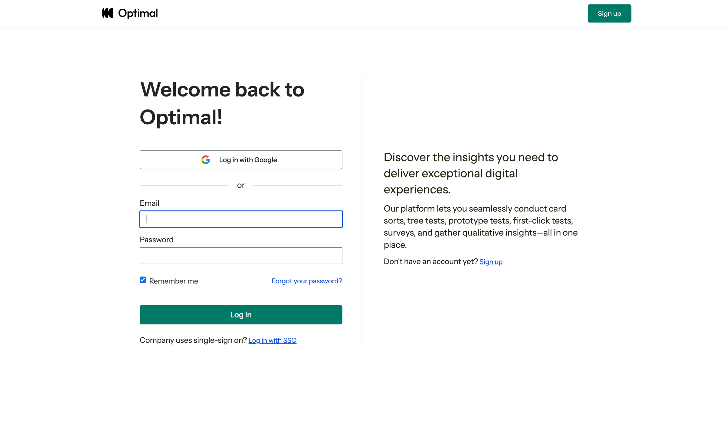 Optimal - Log In | Optimal Workshop screen