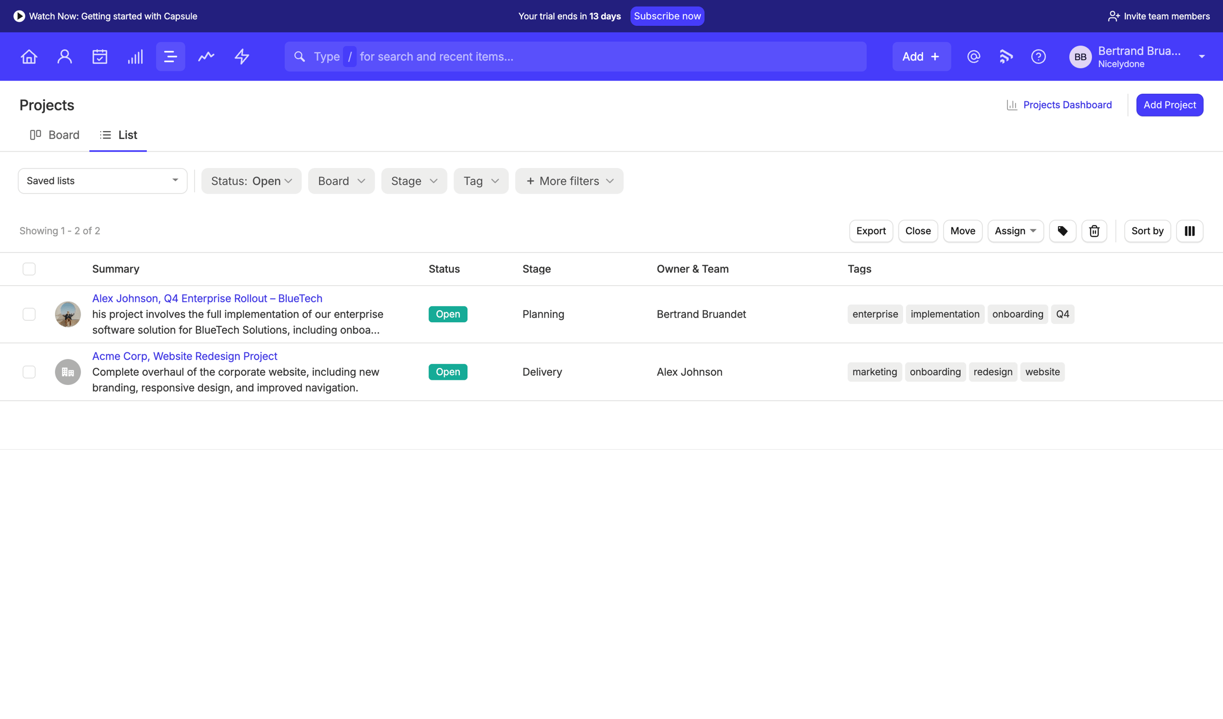 Capsule - Projects | Nicelydone CRM screen