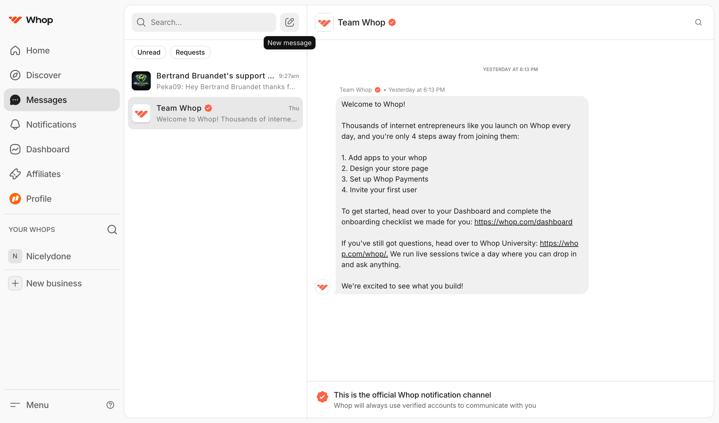Whop - Team Whop | Messages | Whop screen