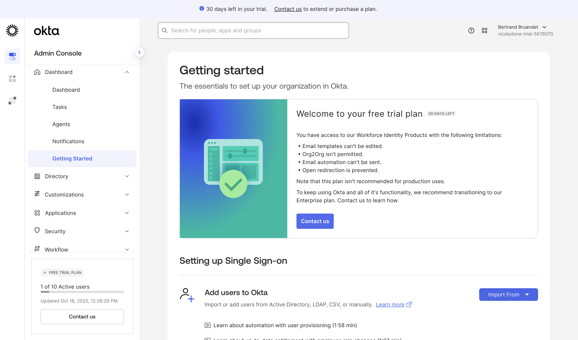 Okta - nicelydone-trial-5676070 - Getting Started screen