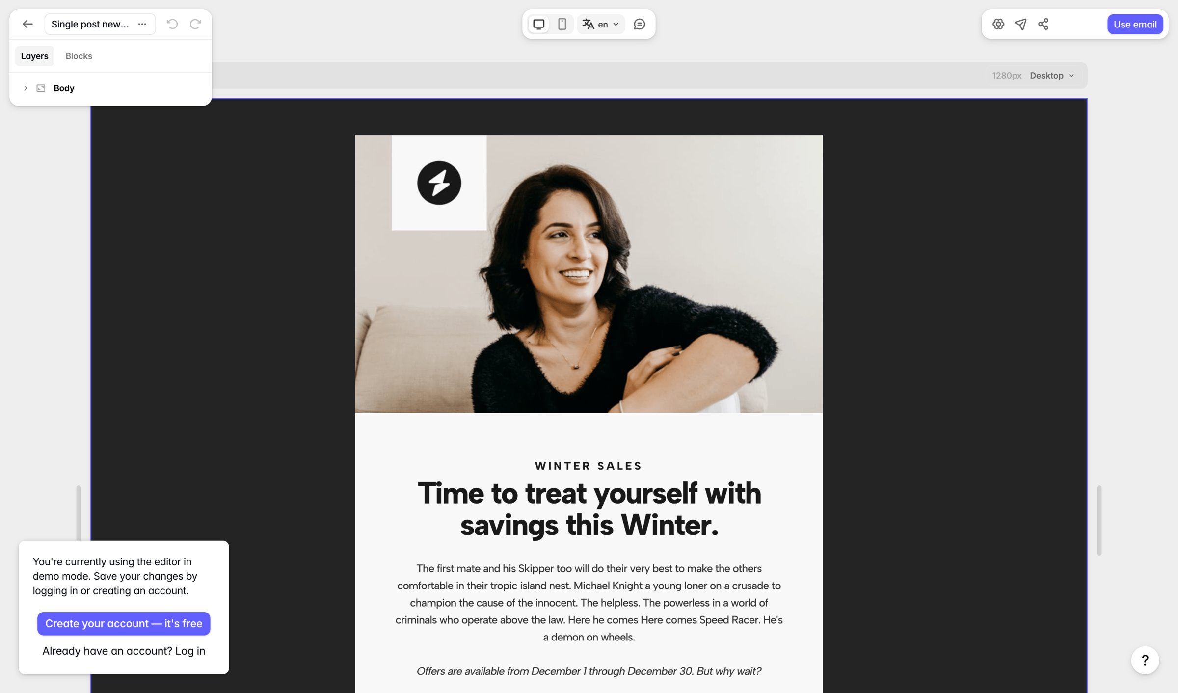 Tabular - Single post newsletter email template - Demo Editor — Tabular screen