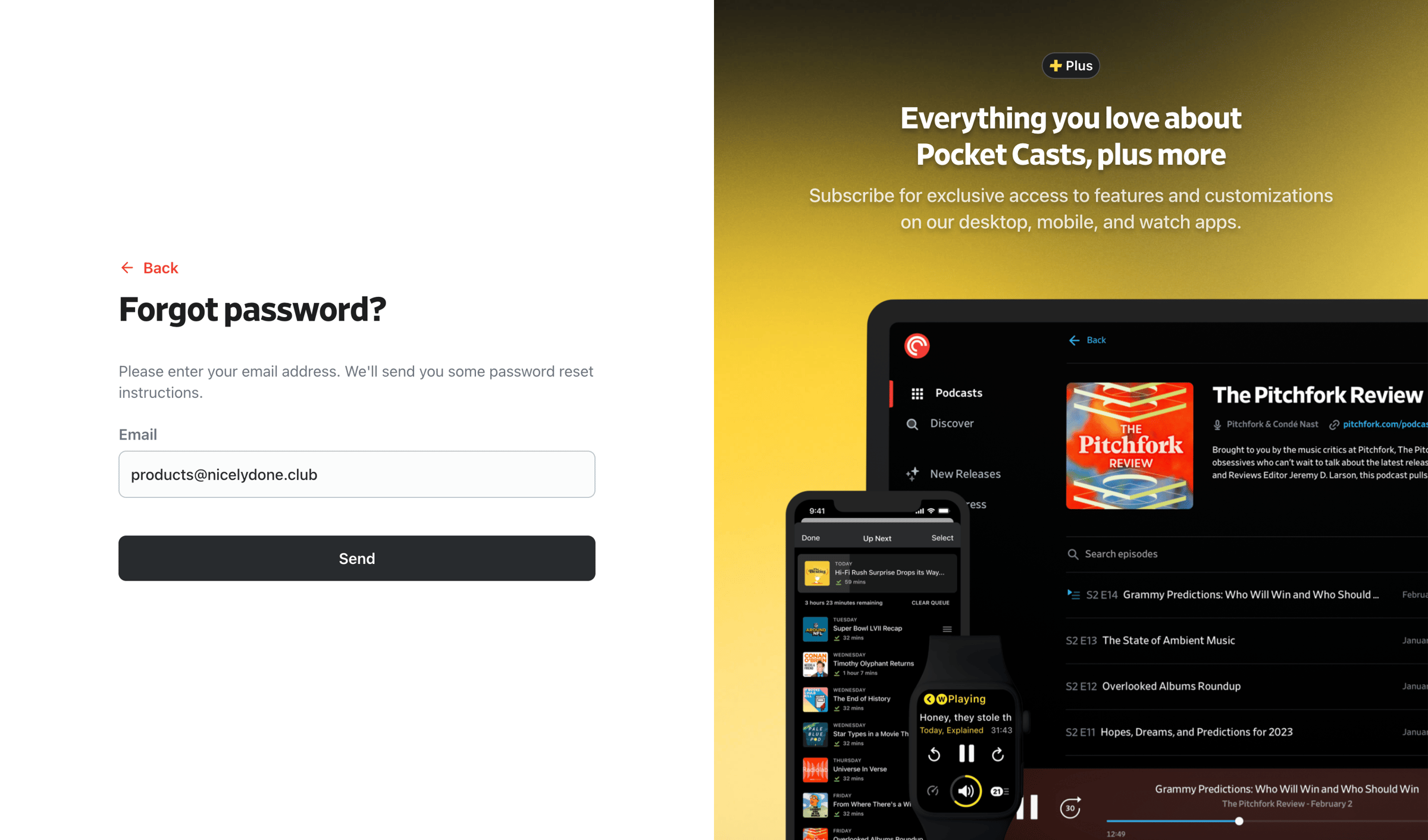 Pocket Casts - Forgot Your Password? - Pocket Casts screen