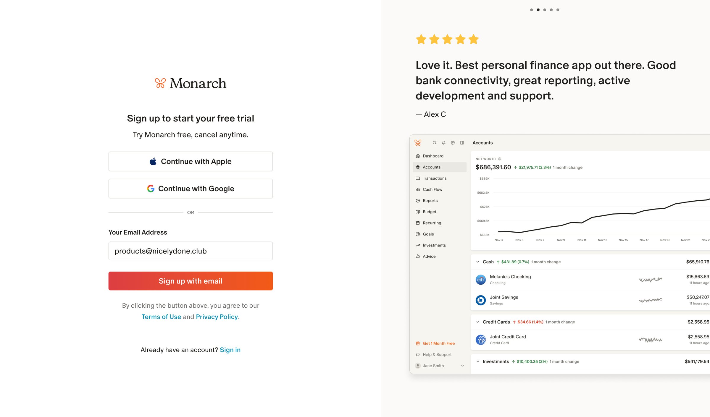 Monarch - Monarch | Start an account screen