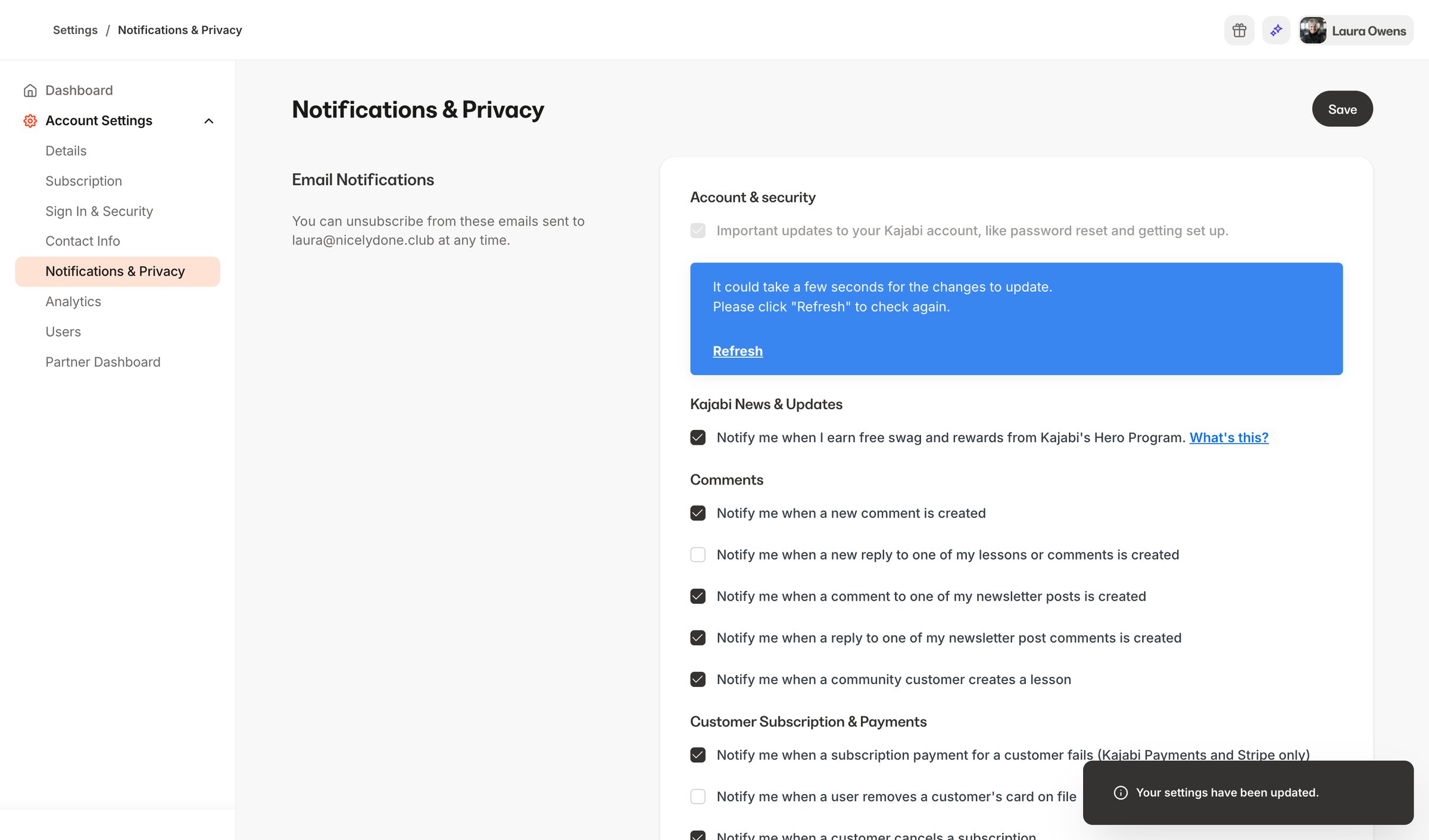Kajabi - Kajabi - adminsettingsemail_notifications screen