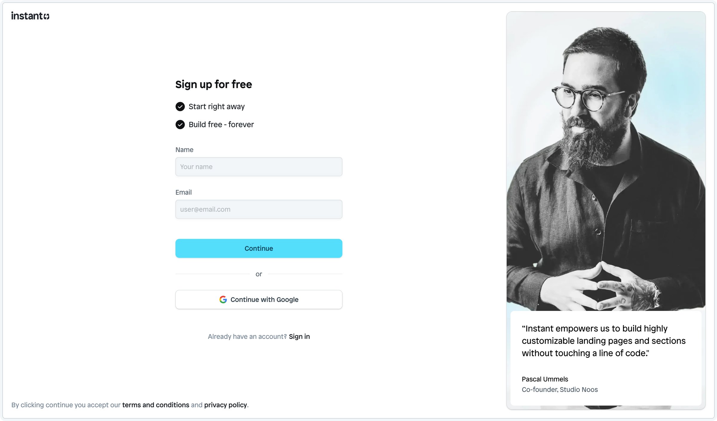Instant - Sign up | Instant screen