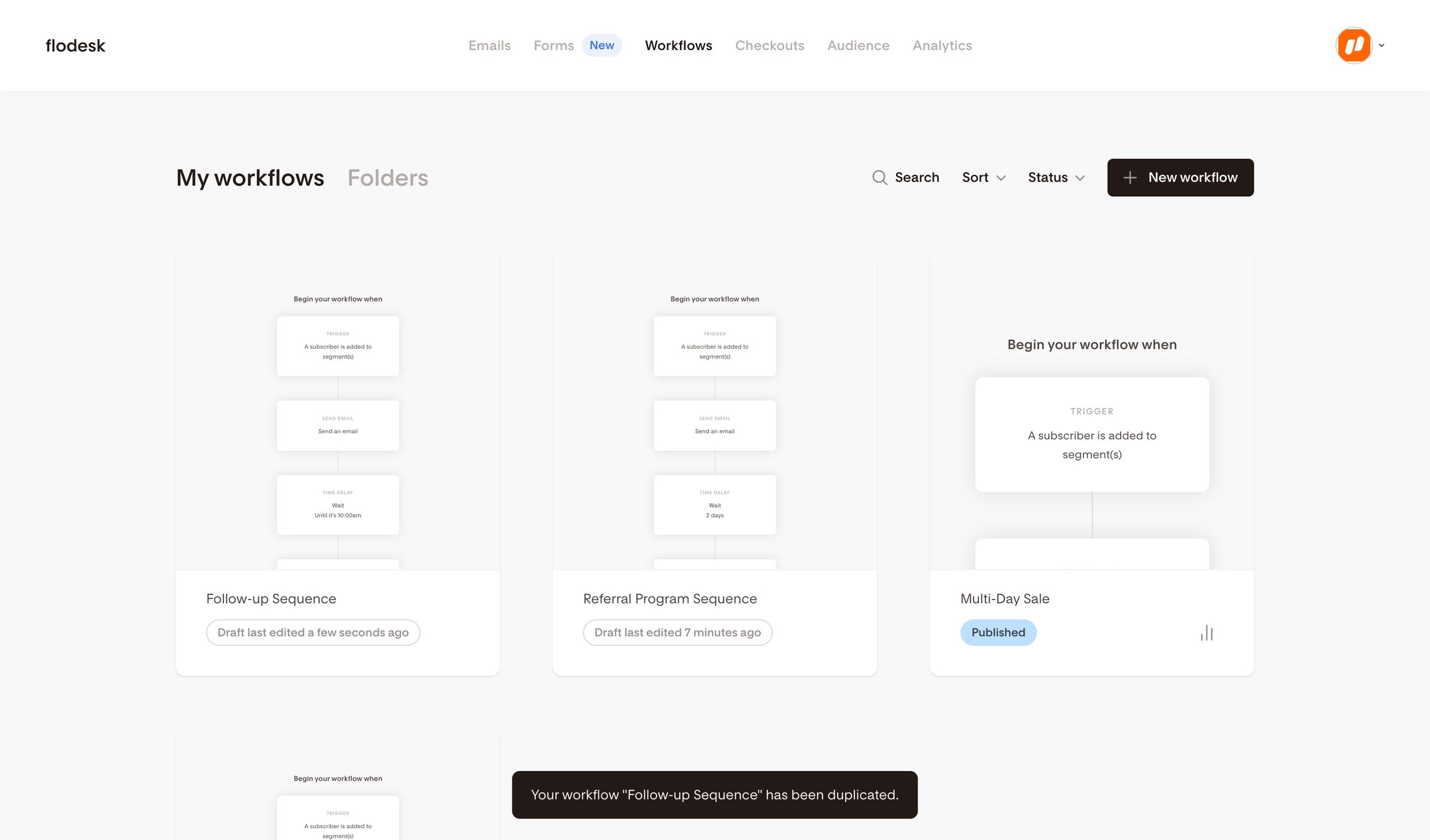 Flodesk - My workflows | Flodesk screen