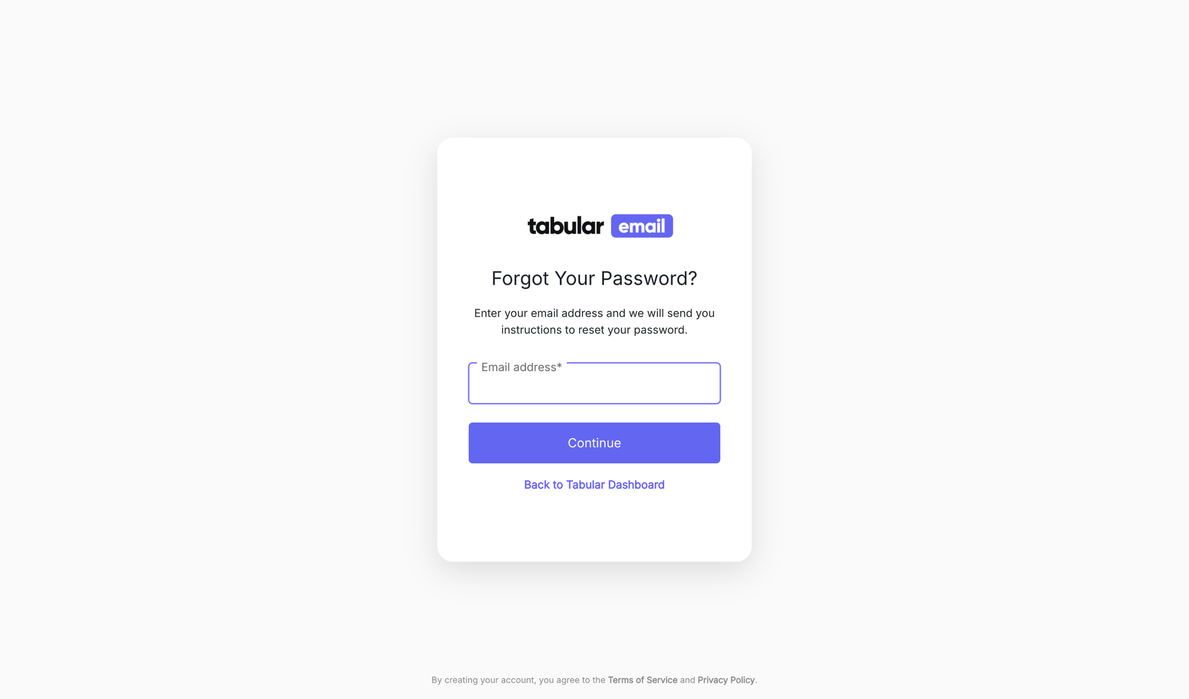 Tabular - Reset your password | Tabular Dashboard screen