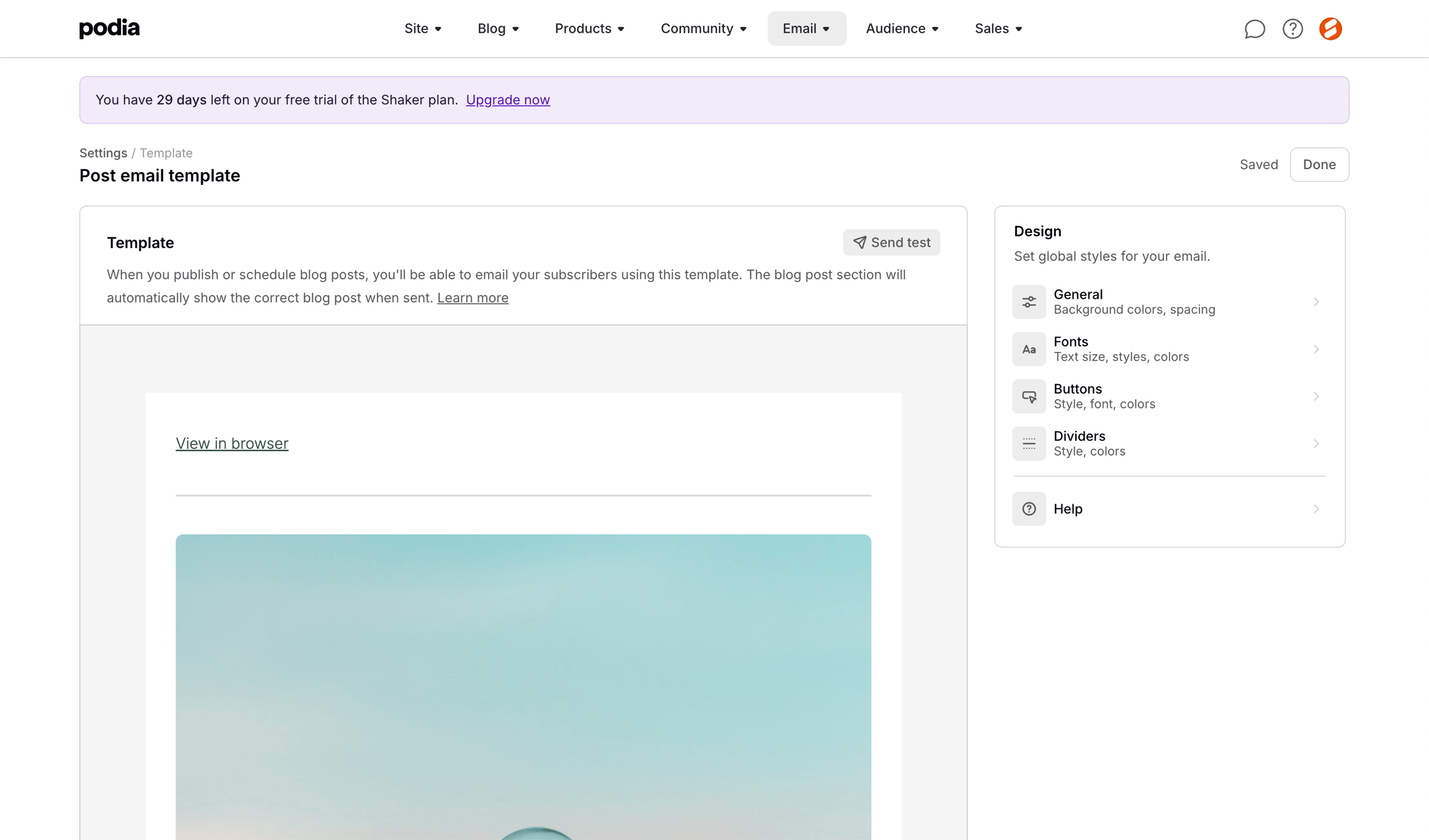 Podia - Podia Post email template screen