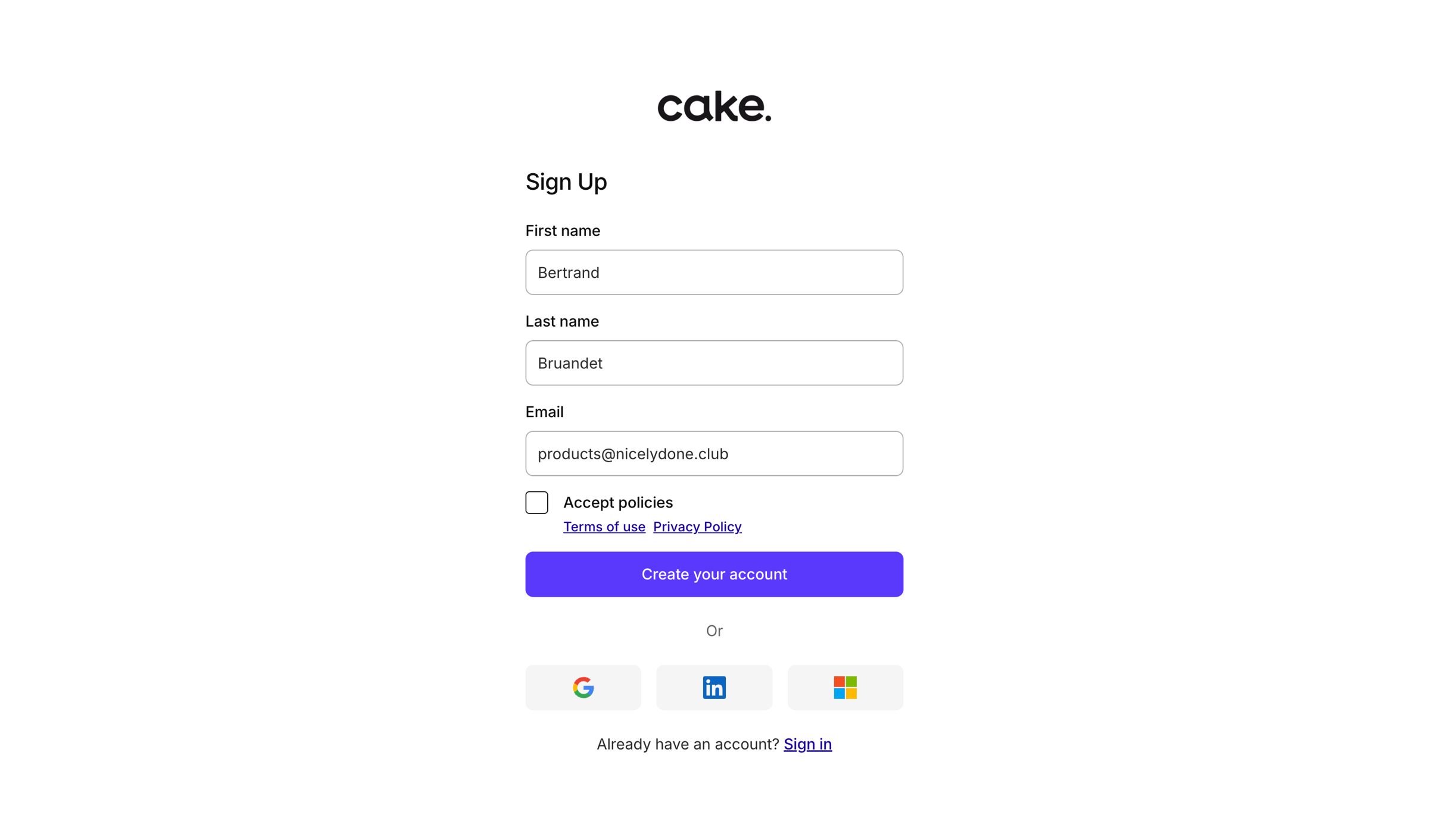 Cake - Sign up | Cake Equity screen