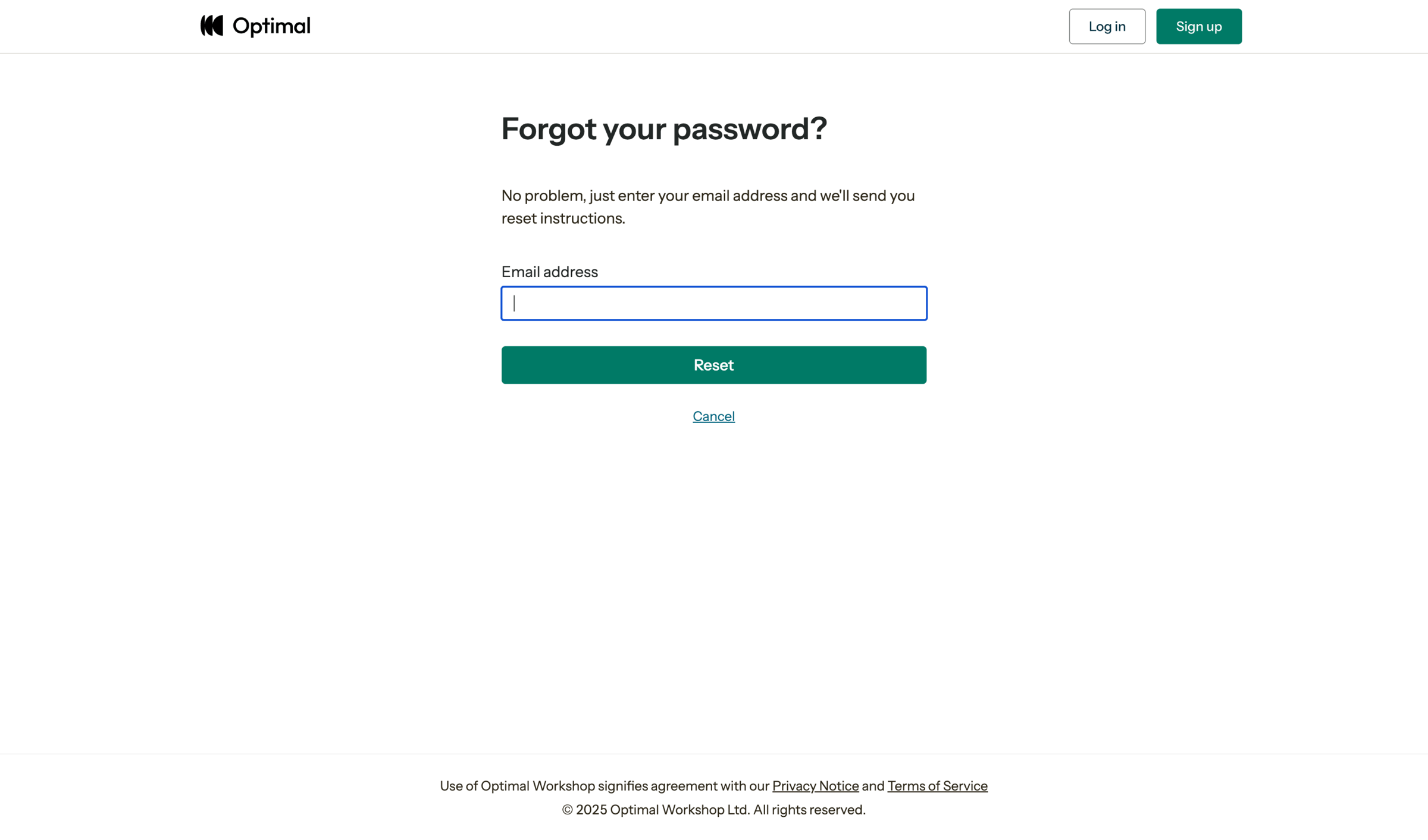 Optimal - Reset Password | Optimal Workshop screen