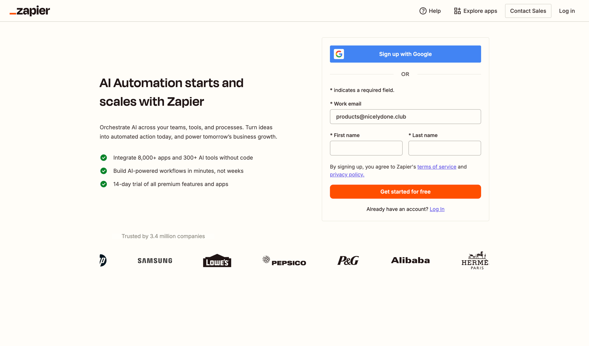 Zapier - Sign up | Zapier screen