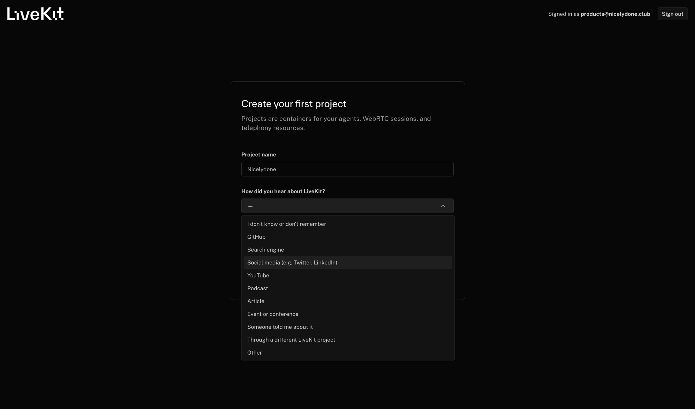 Livekit - New Project | LiveKit Cloud screen
