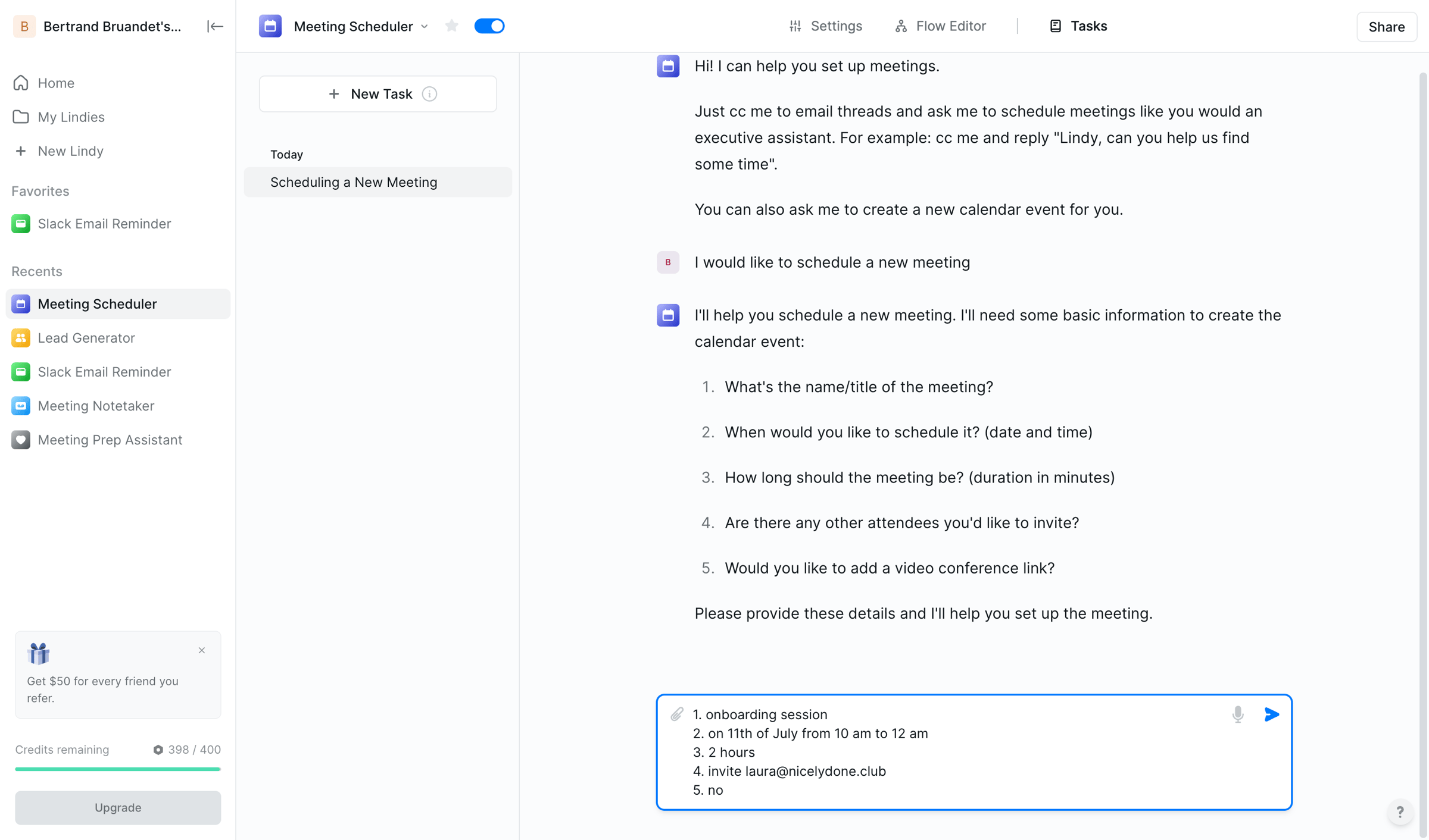 Lindy - Scheduling a New Meeting - Lindy screen