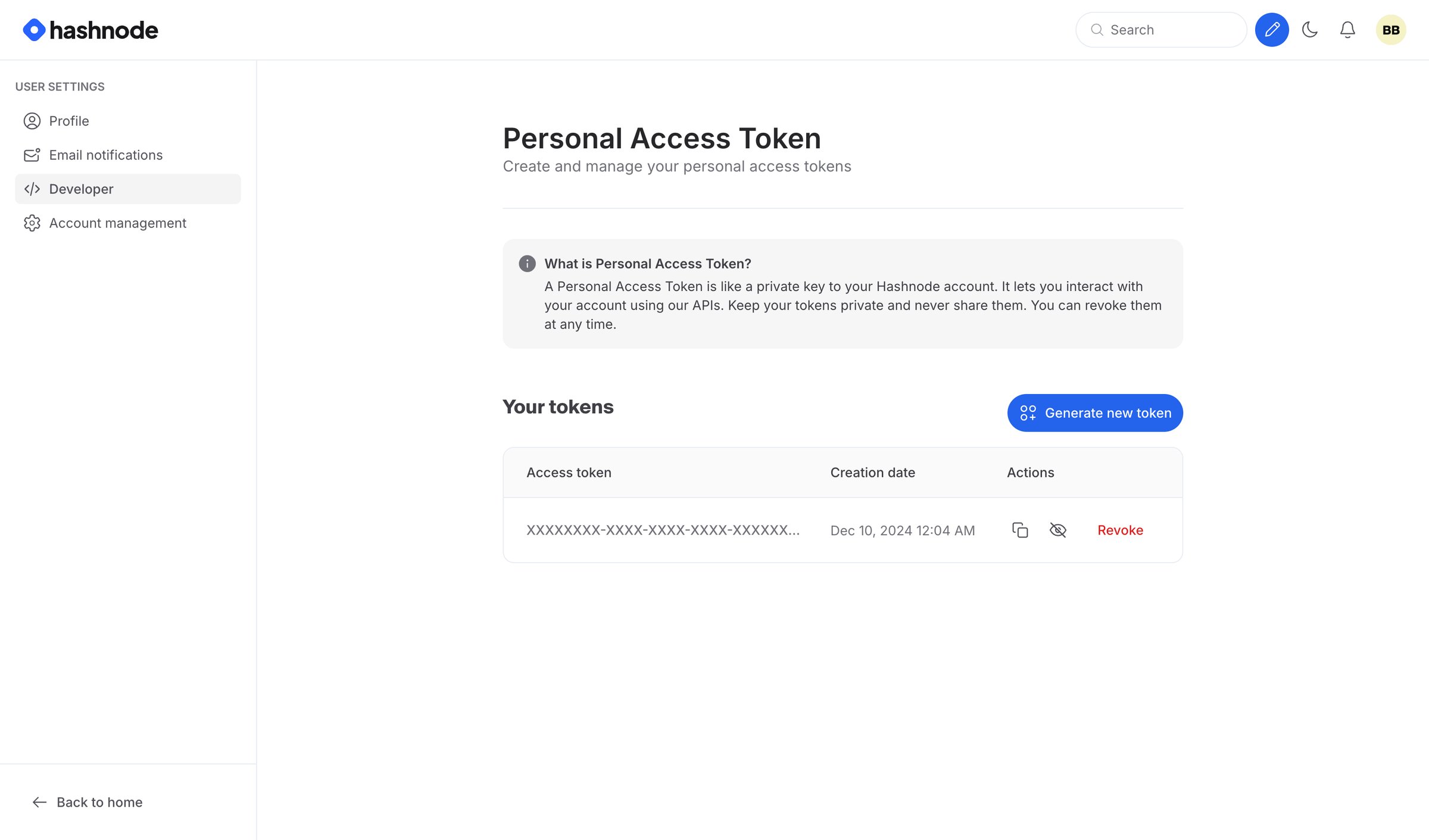 Hashnode - Developer Settings - Hashnode screen