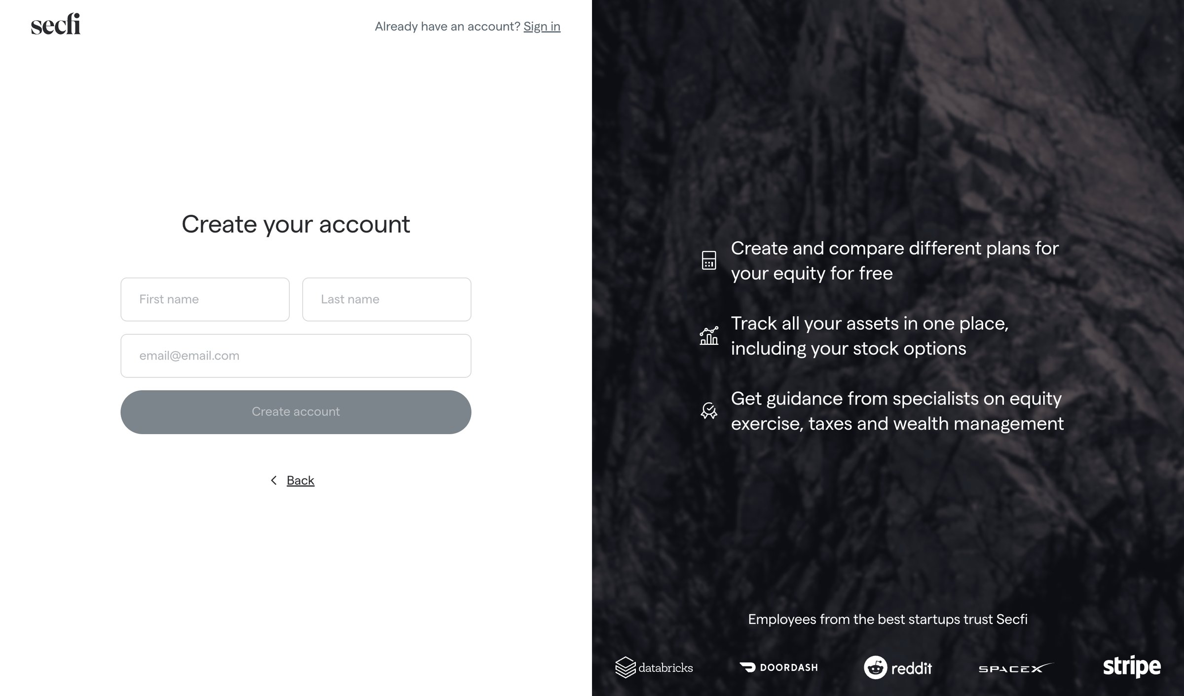 Secfi - Create your account | Secfi screen