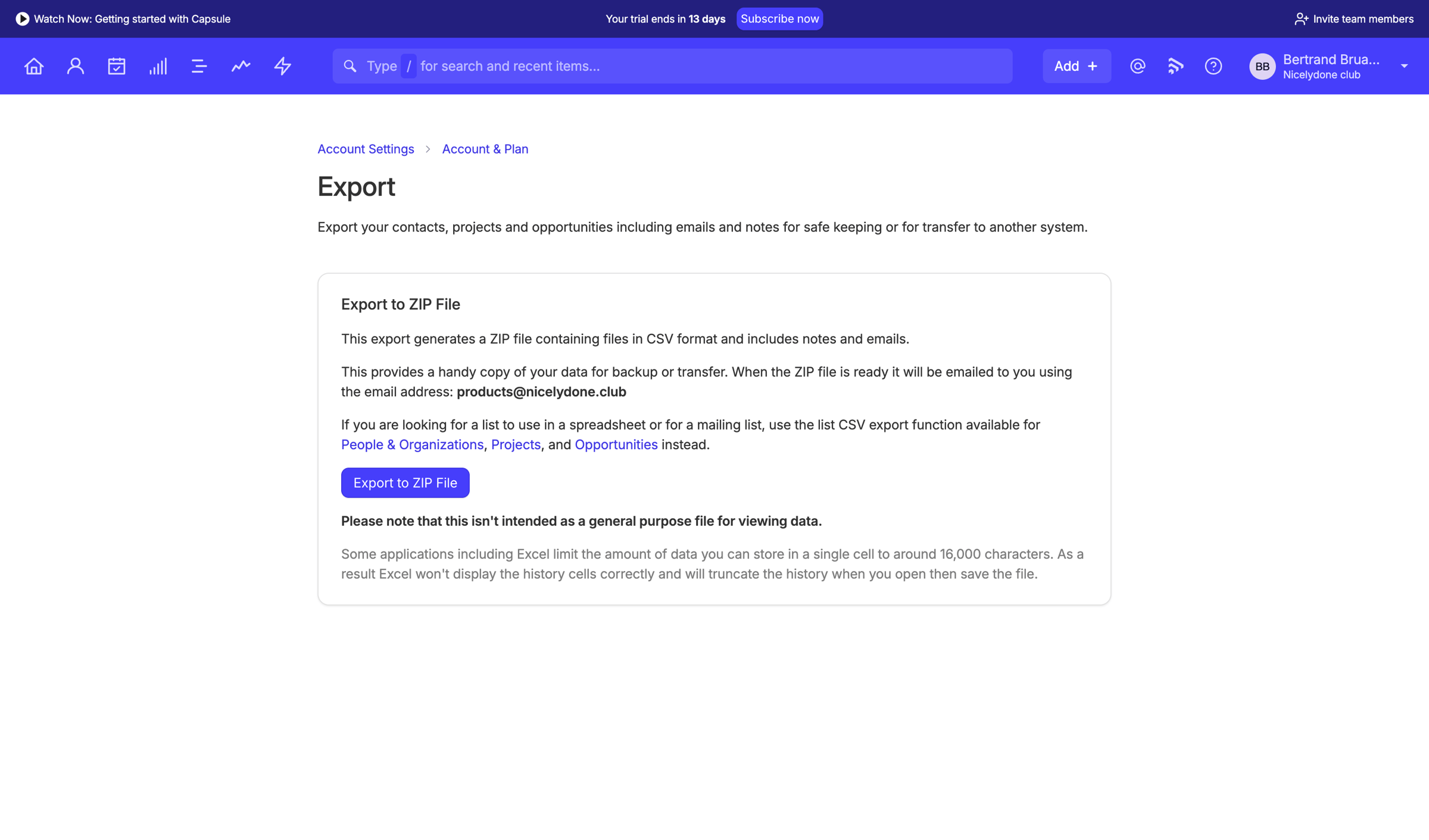 Capsule - Export | Nicelydone club CRM screen