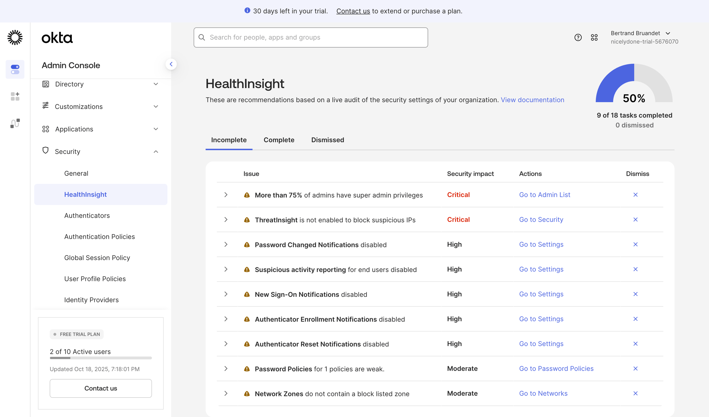 Okta - nicelydone-trial-5676070 - HealthInsight screen