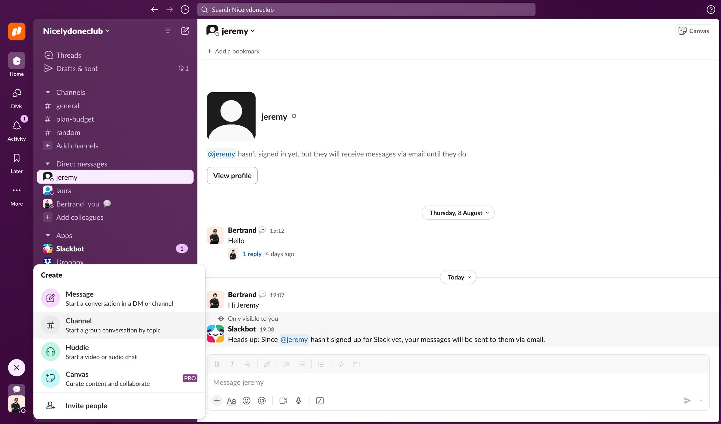 Slack - jeremy DM - Nicelydoneclub - 1 new item - Slack screen