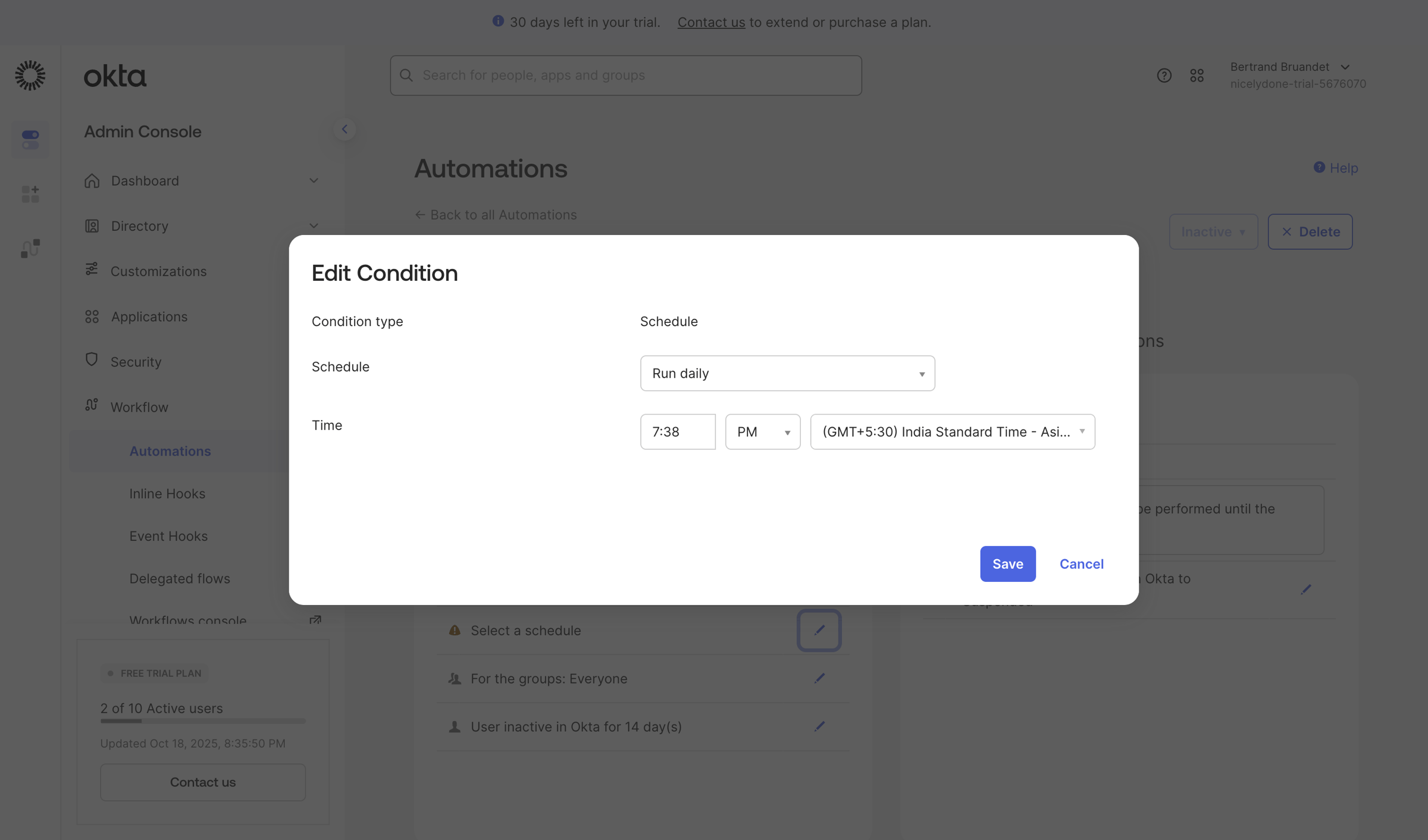 Okta - nicelydone-trial-5676070 - Automations screen
