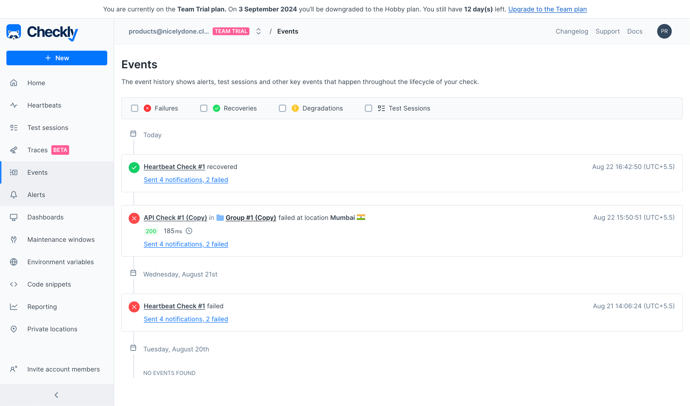 Event history from Checkly
