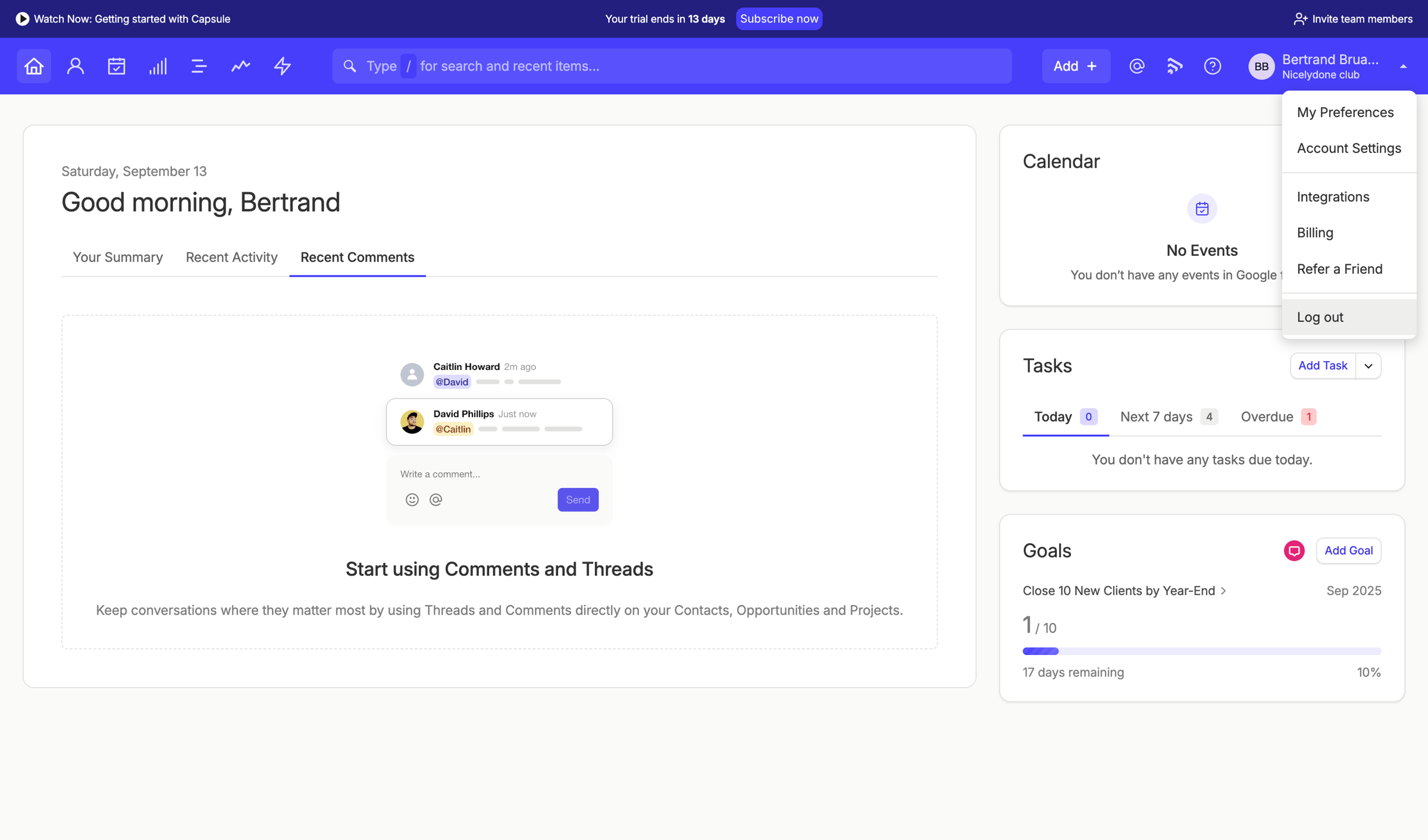 Capsule - Recent Comments | Nicelydone club CRM screen