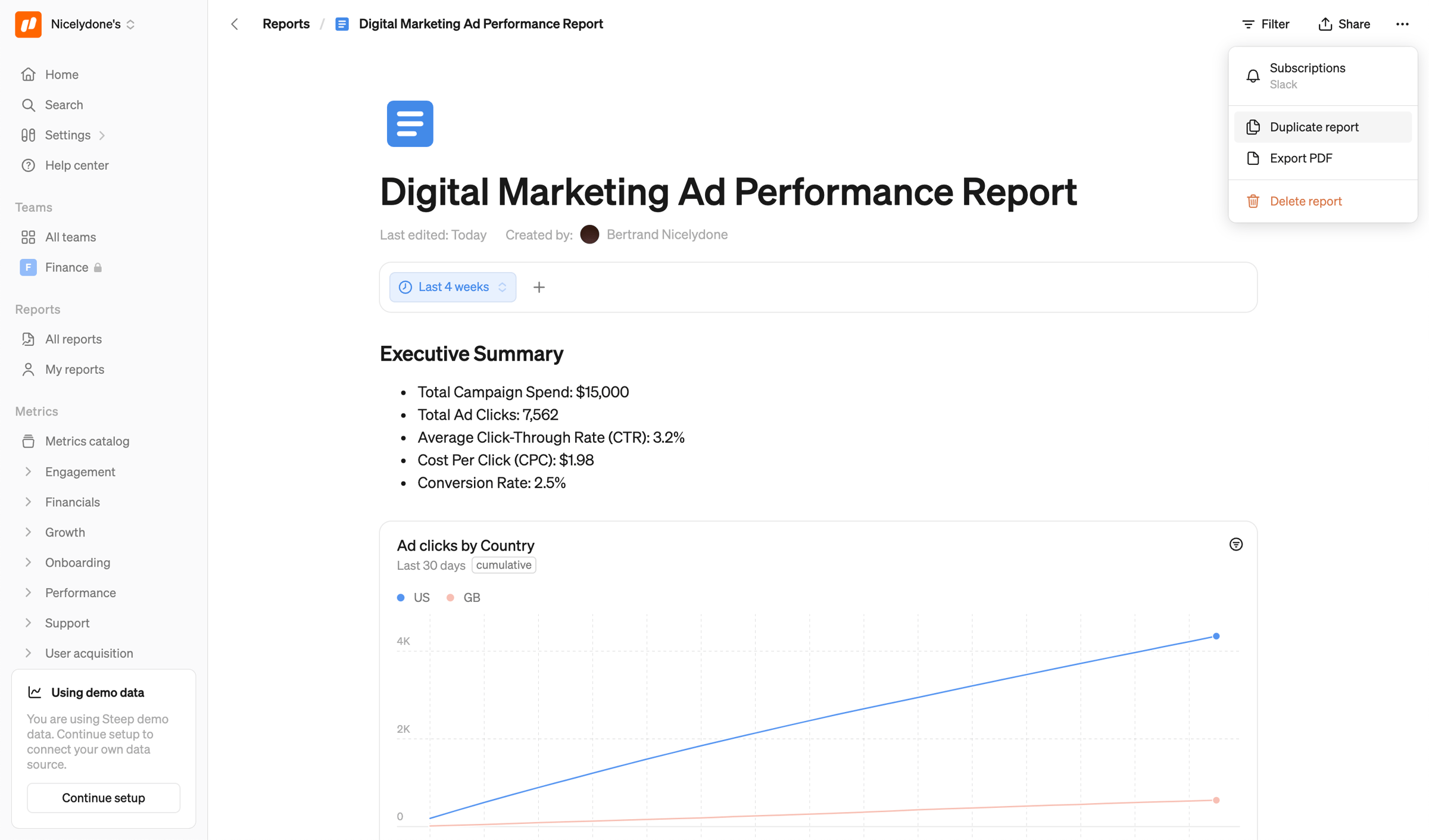 Steep - Digital Marketing Ad Performance Report screen