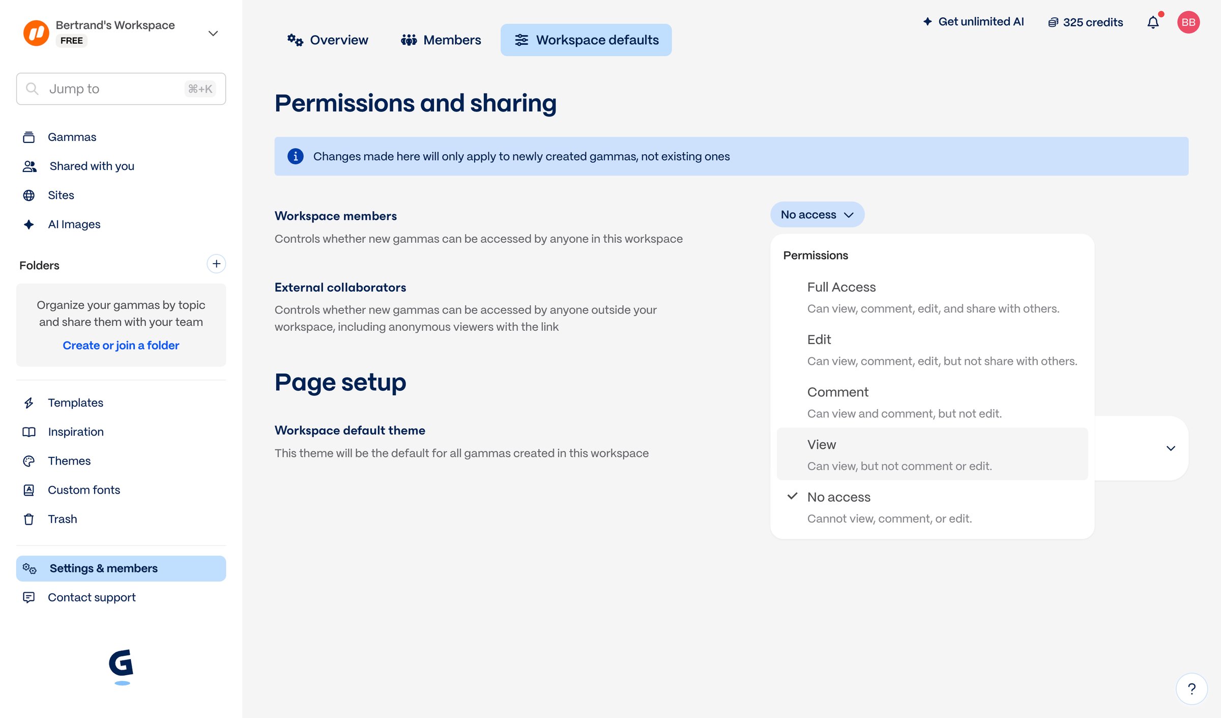 Gamma - Settings | members - Gamma screen