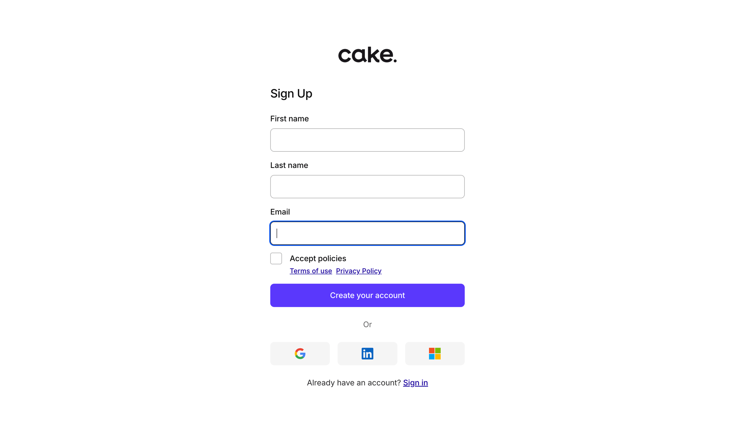 Cake - Sign up | Cake Equity screen
