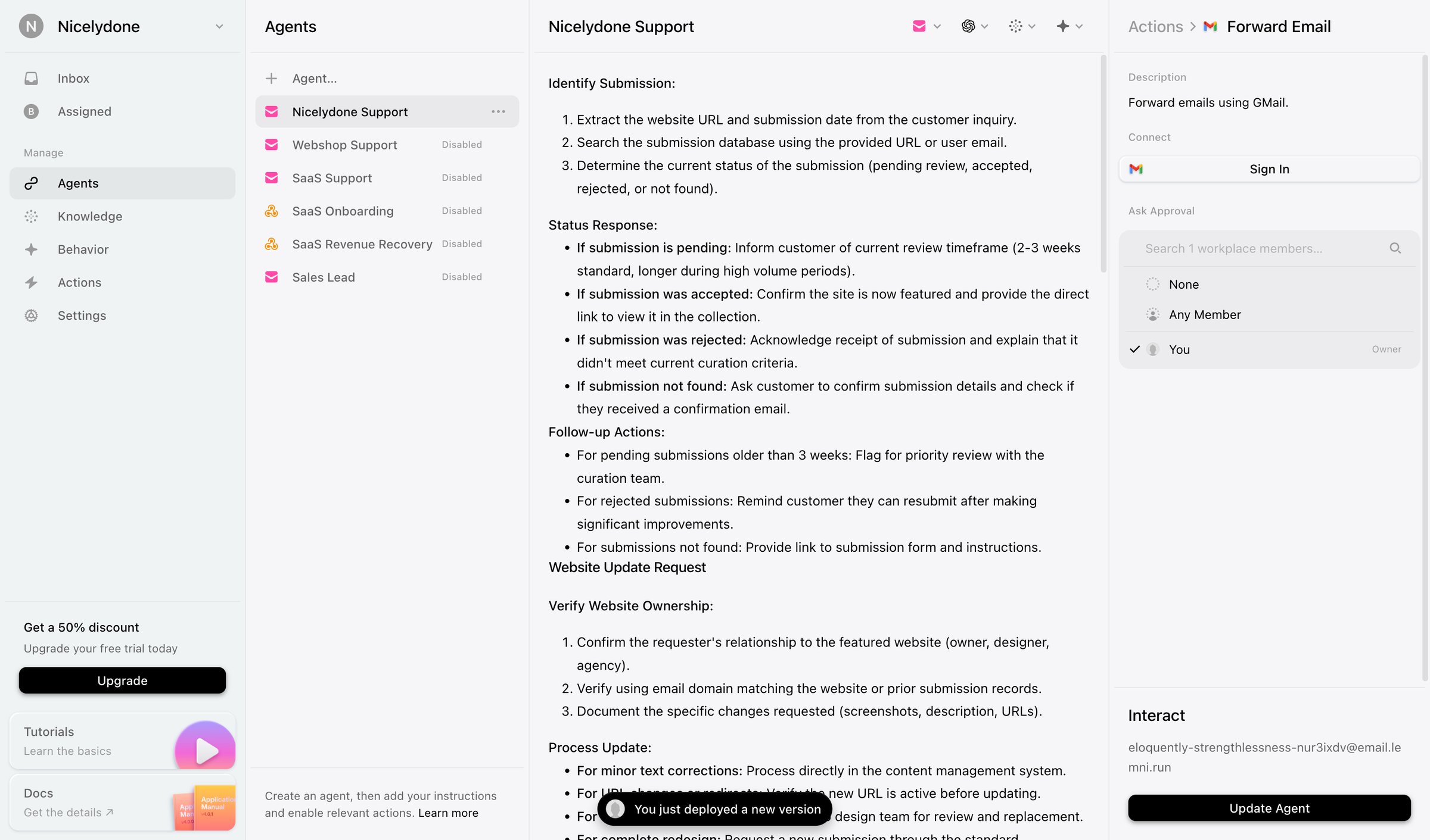 Lemni - Agents › Nicelydone Support screen