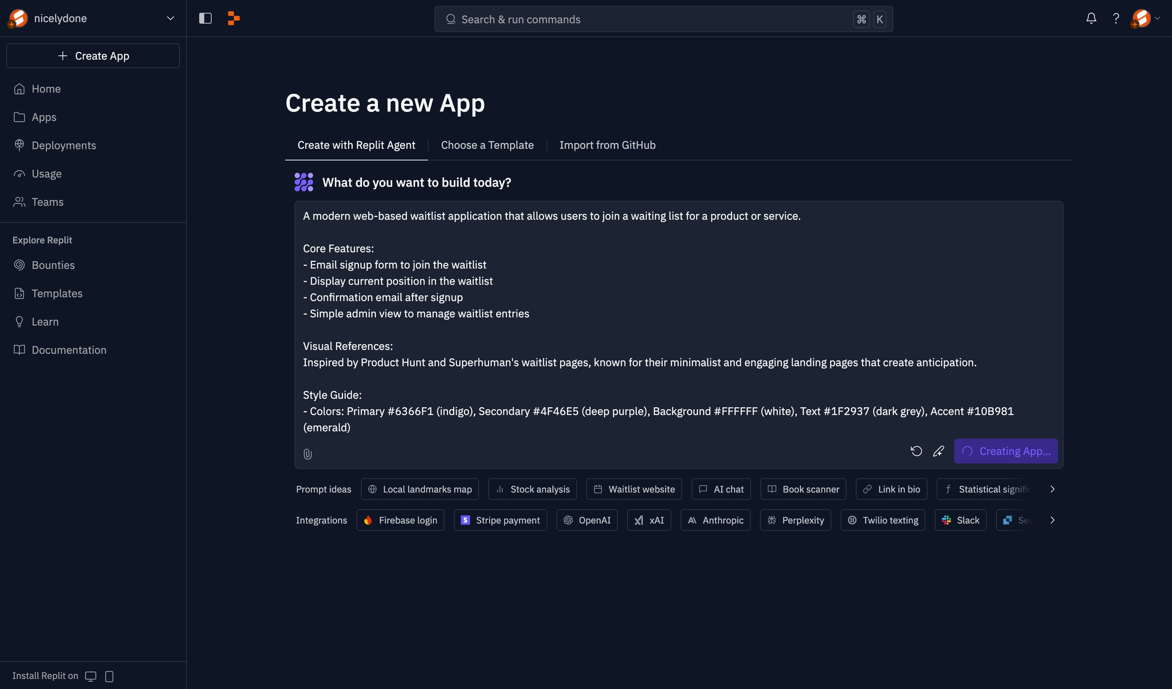 Replit - Create a new App - Replit screen