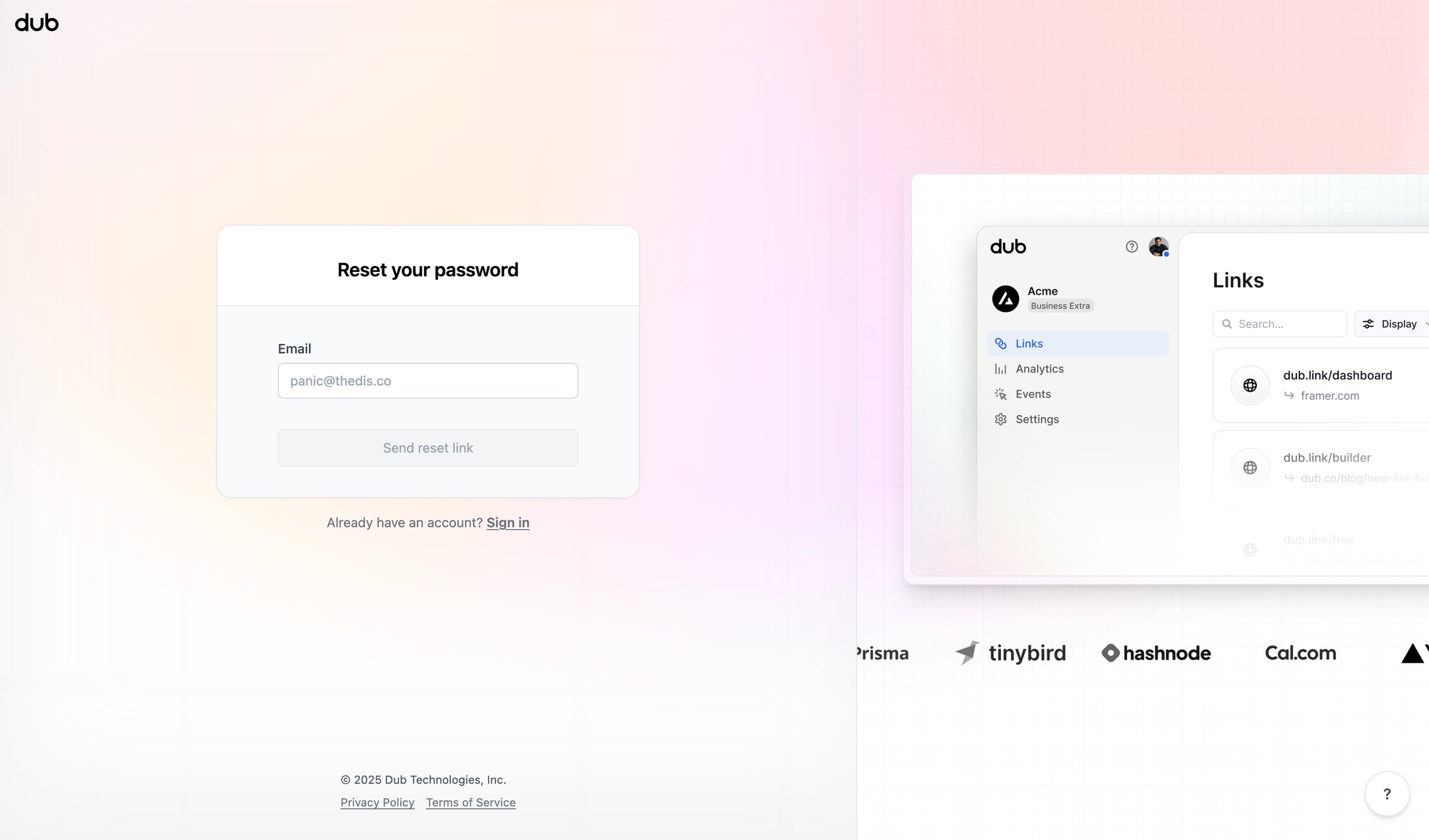 Dub - Forgot Password for Dub.co | Dub.co screen