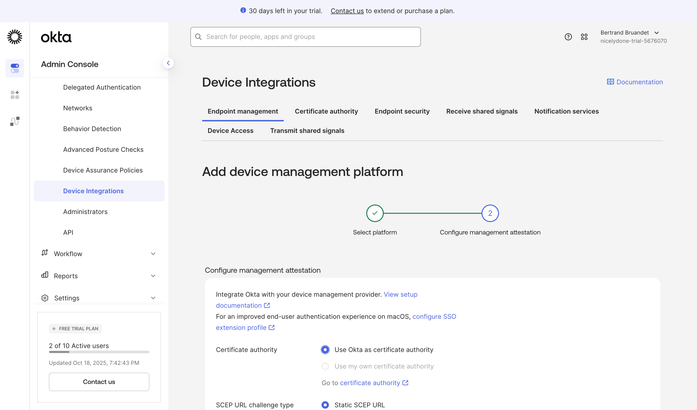Okta - nicelydone-trial-5676070 - Device Integrations screen