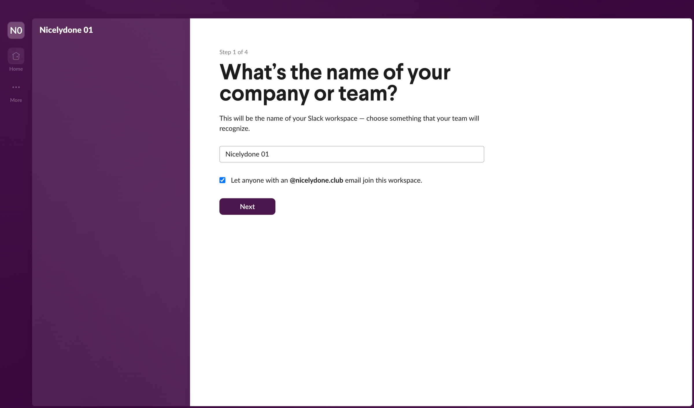 Slack - Setup Team Name - Nicelydone - Slack screen