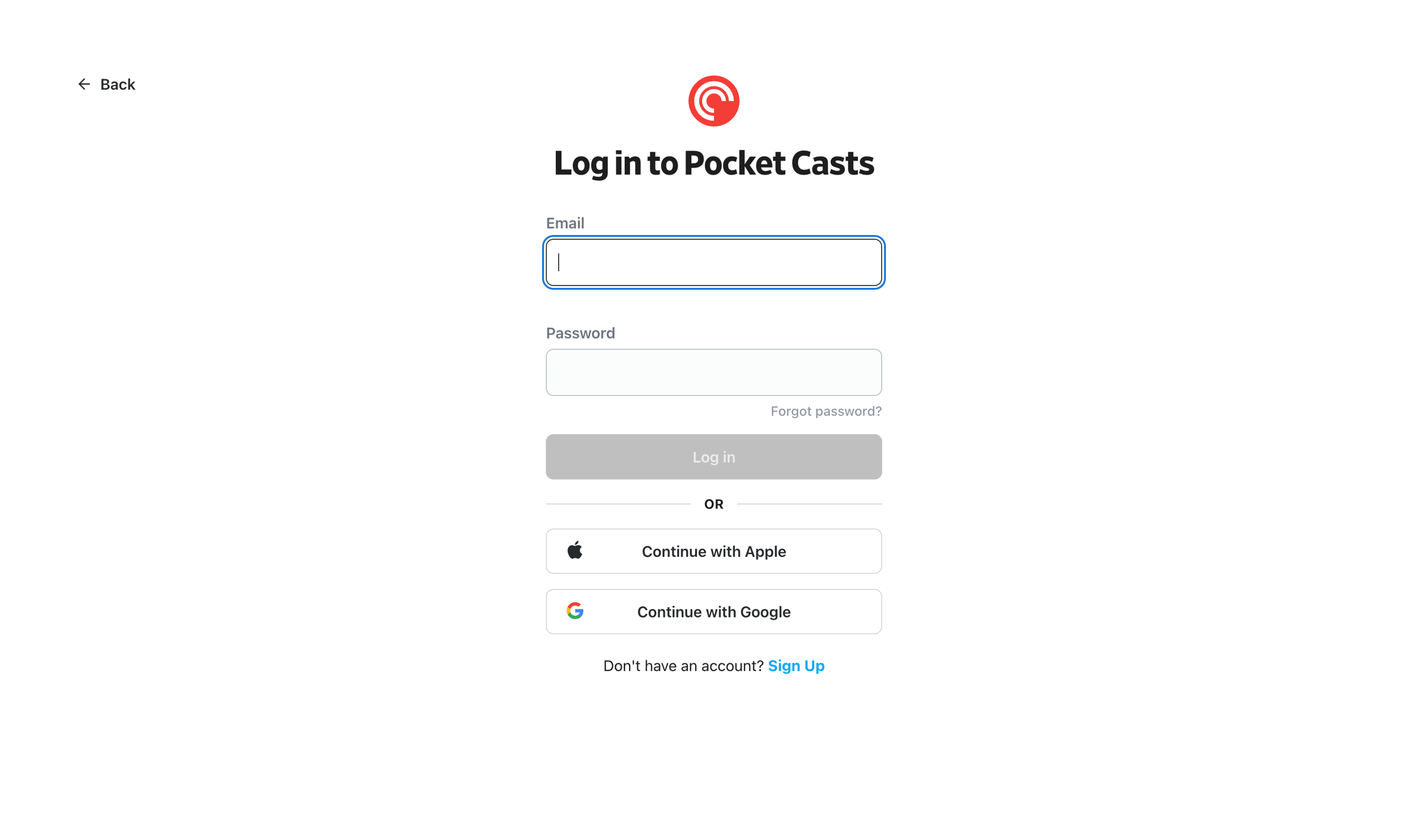 Pocket Casts - Log in - Pocket Casts screen