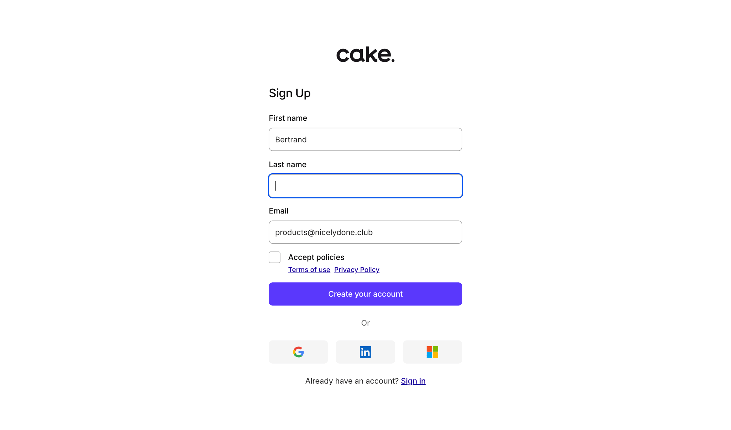 Cake - Sign up | Cake Equity screen