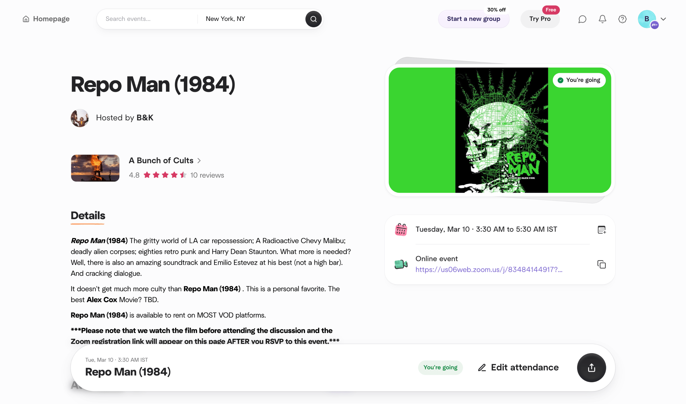 Meetup - Repo Man (1984), Mon, Mar 9, 2026, 6:00 PM | Meetup screen