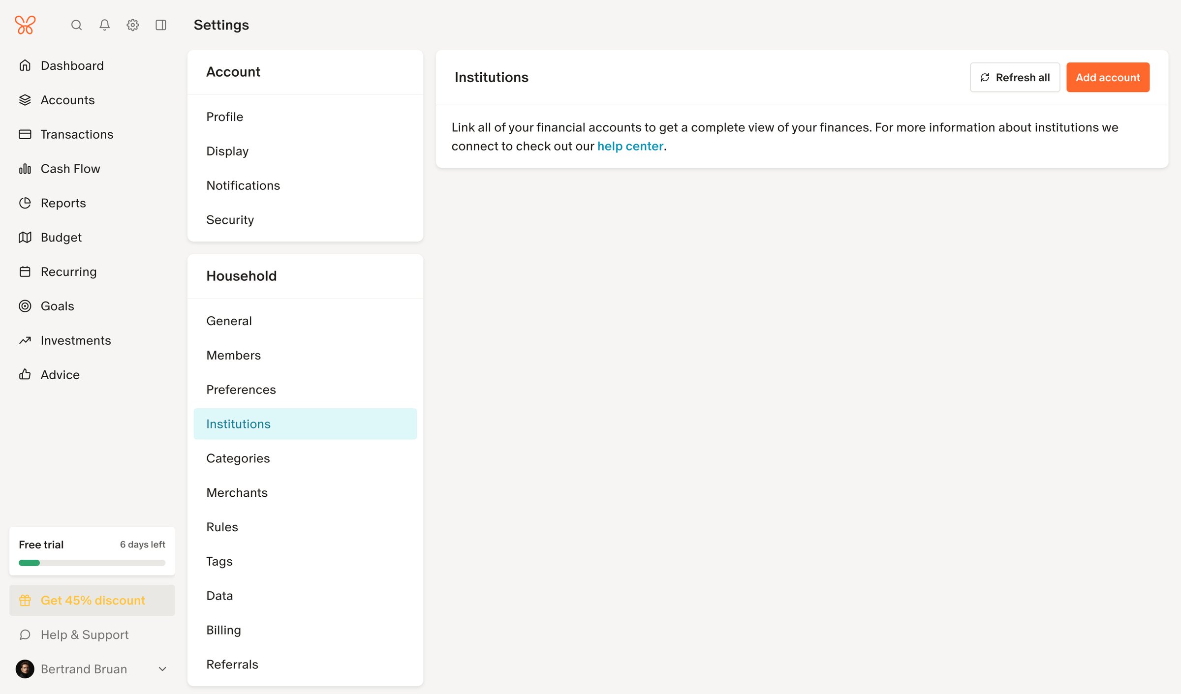 Monarch - Institutions Settings screen
