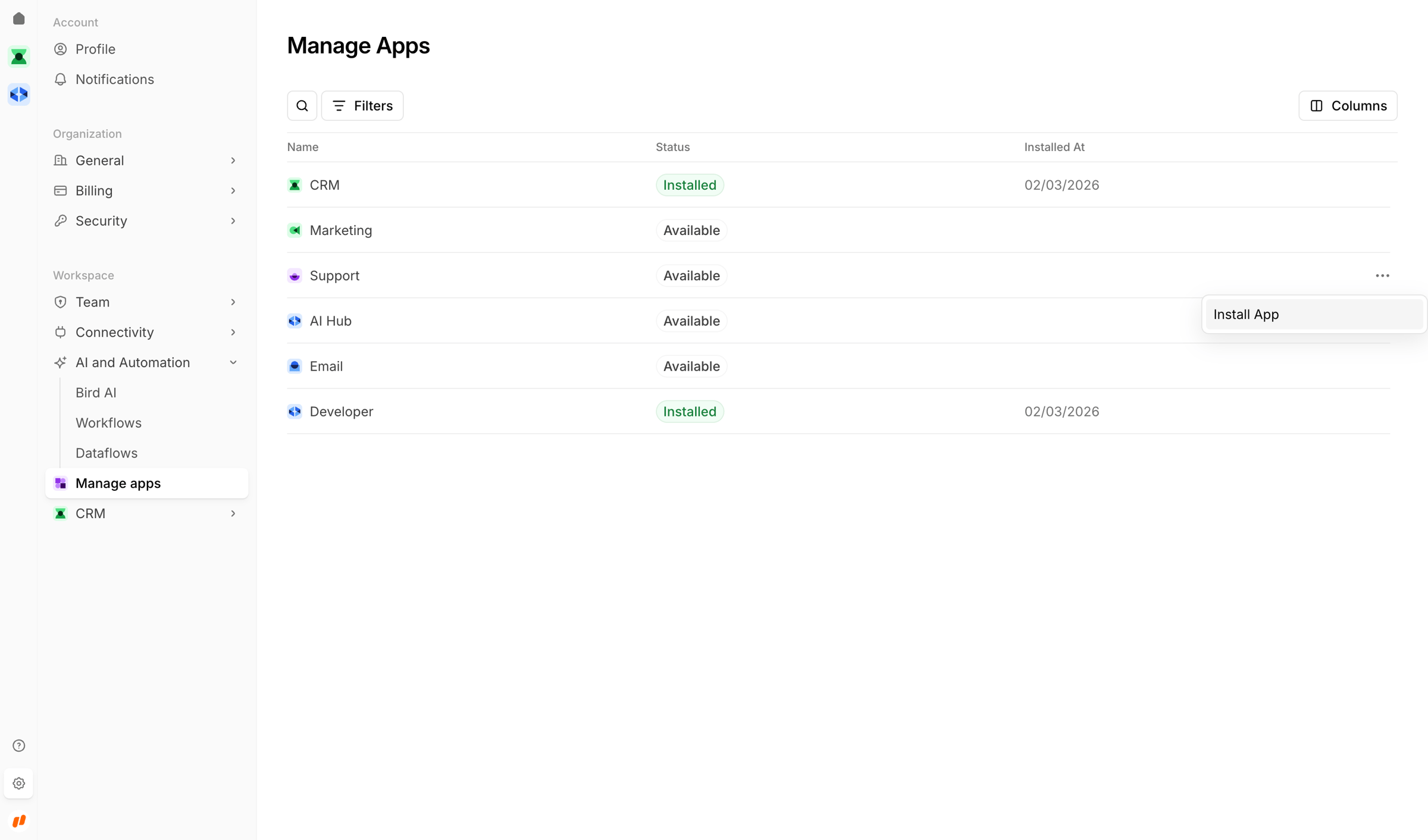 Bird - Manage Apps | Bird screen