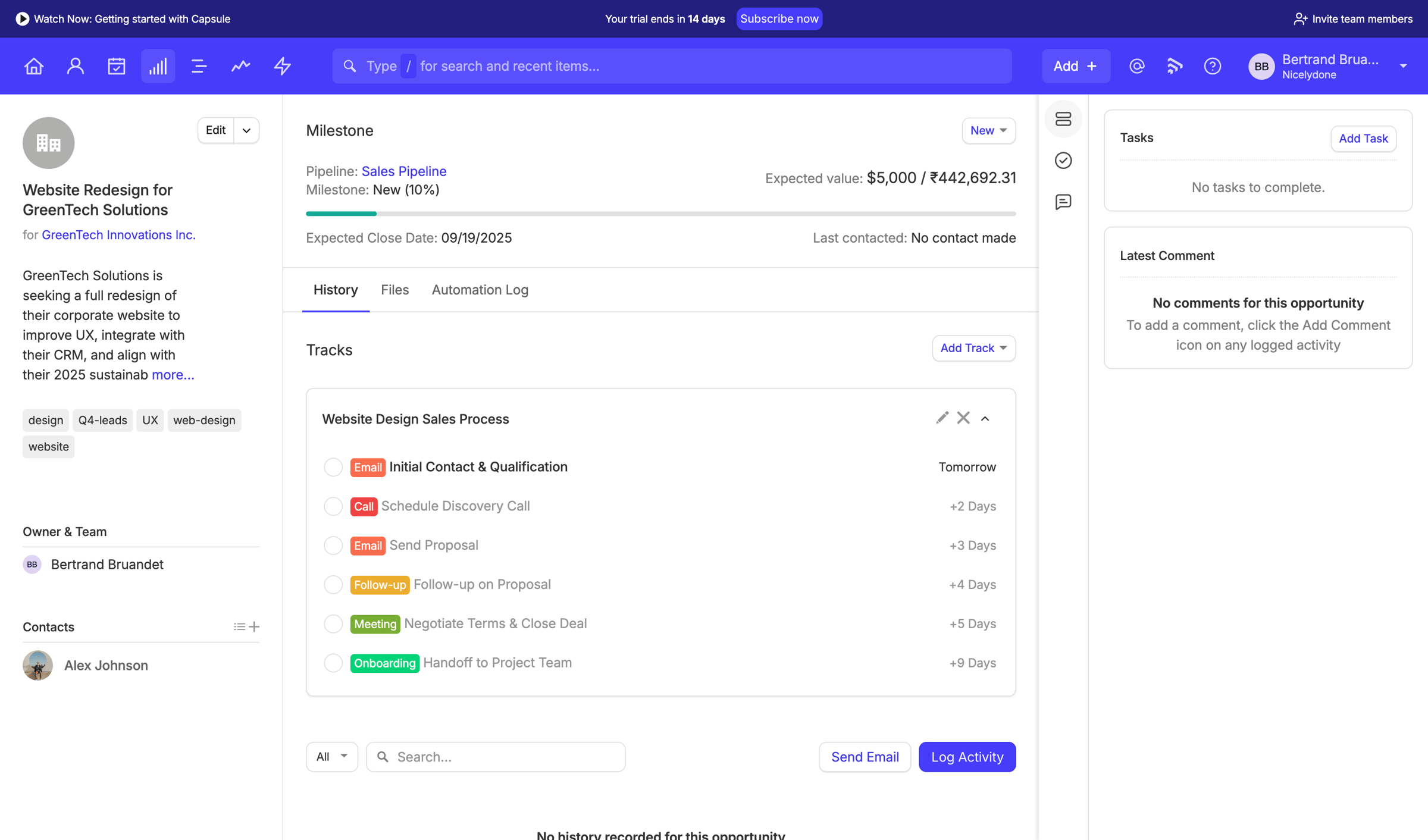 Capsule - Website Redesign for GreenTech Solutions | Nicelydone CRM screen
