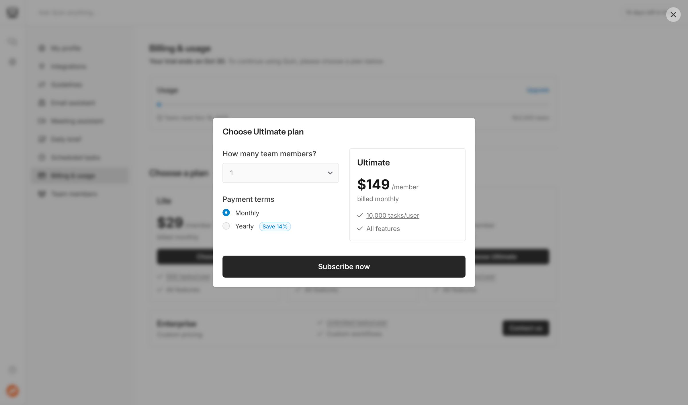 Quin - Billing & usage | Quin screen