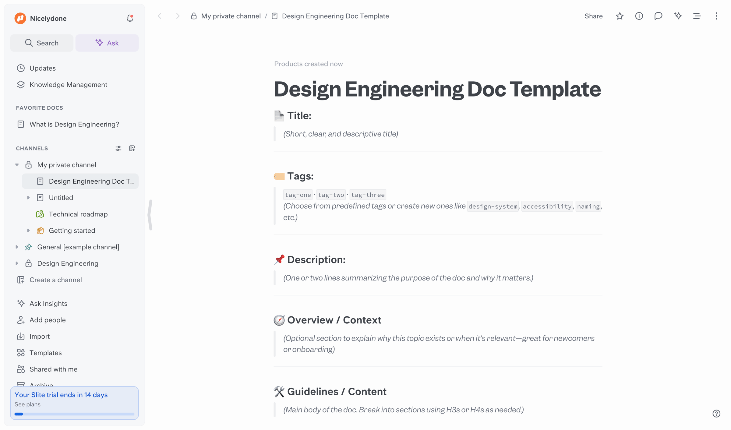 Slite - Design Engineering Doc Template screen