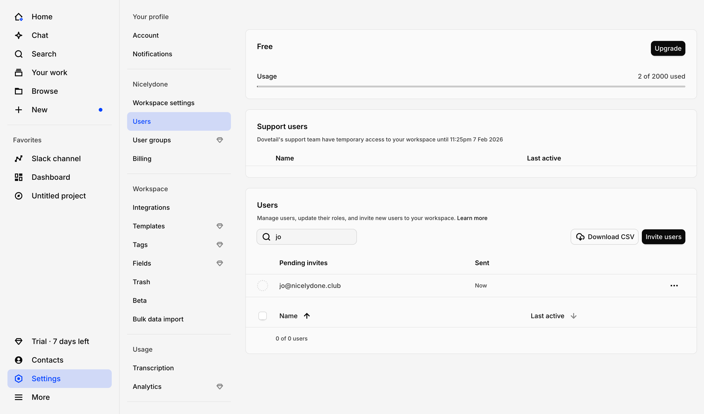 Dovetail - Users – Workspace settings – Dovetail screen