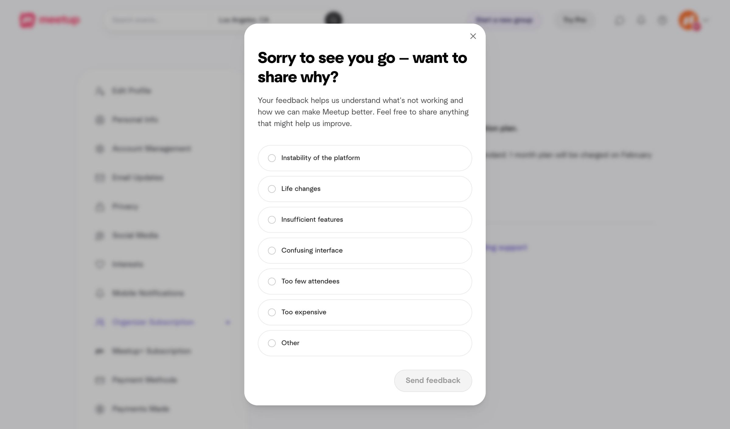 Organizer subscription from Meetup