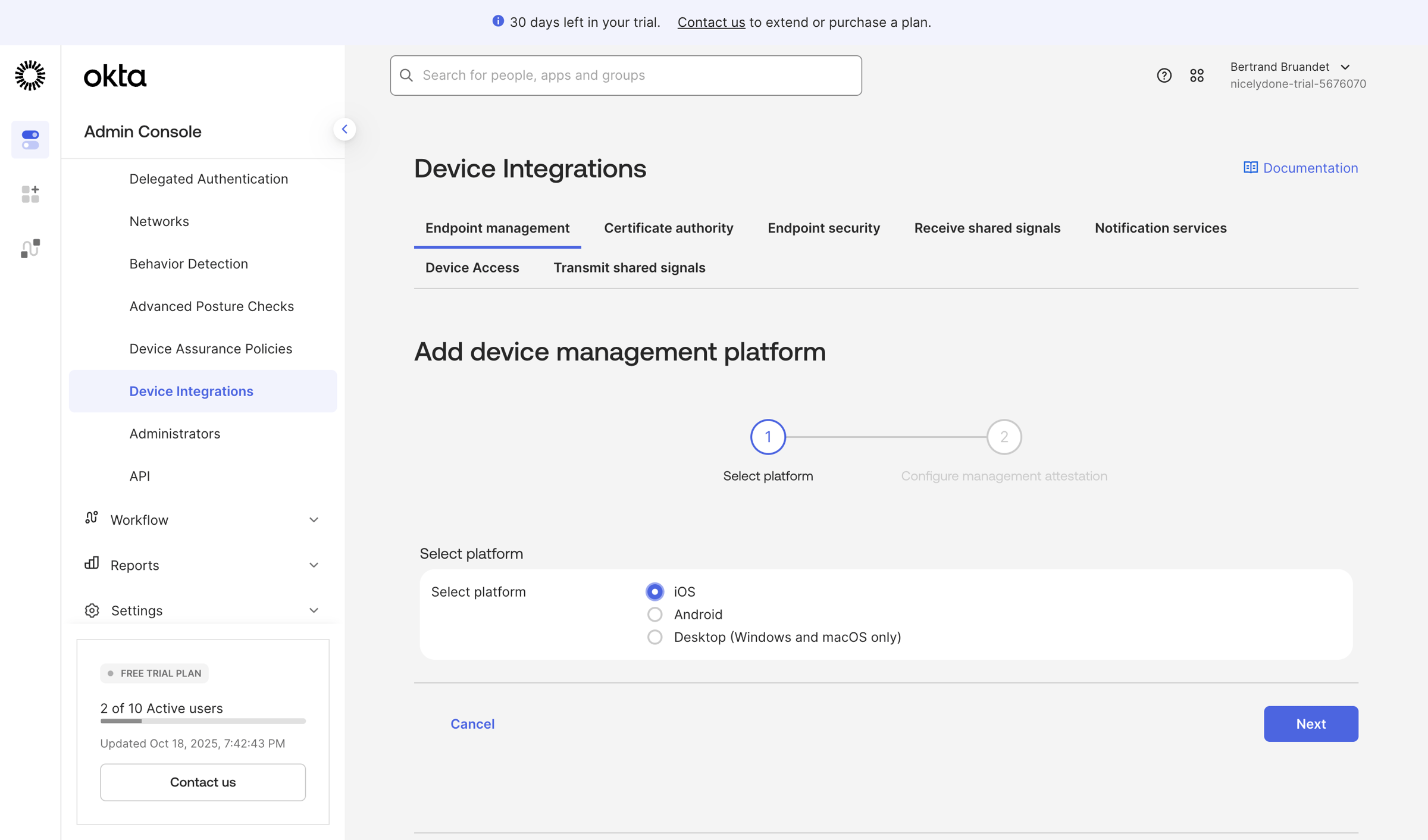 Okta - nicelydone-trial-5676070 - Device Integrations screen
