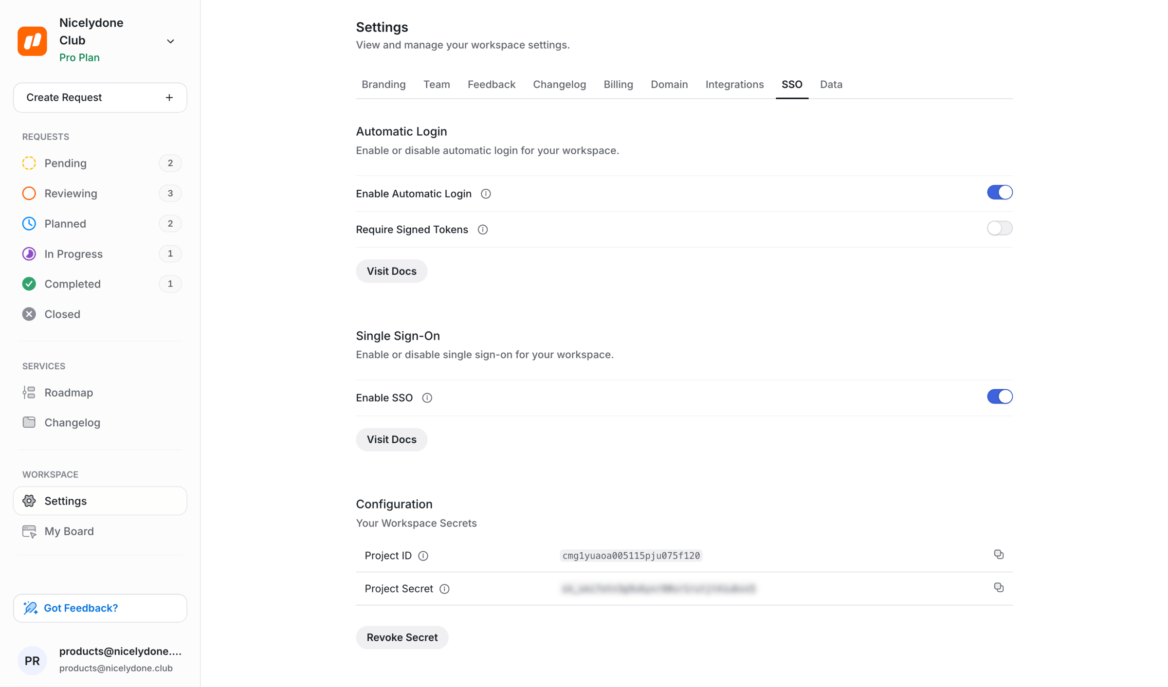 UserJot - SSO Settings | UserJot screen