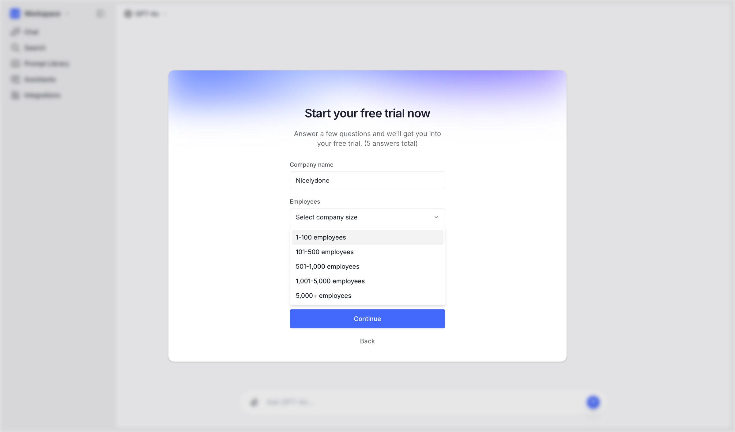 Langdock - Create a new workspace screen