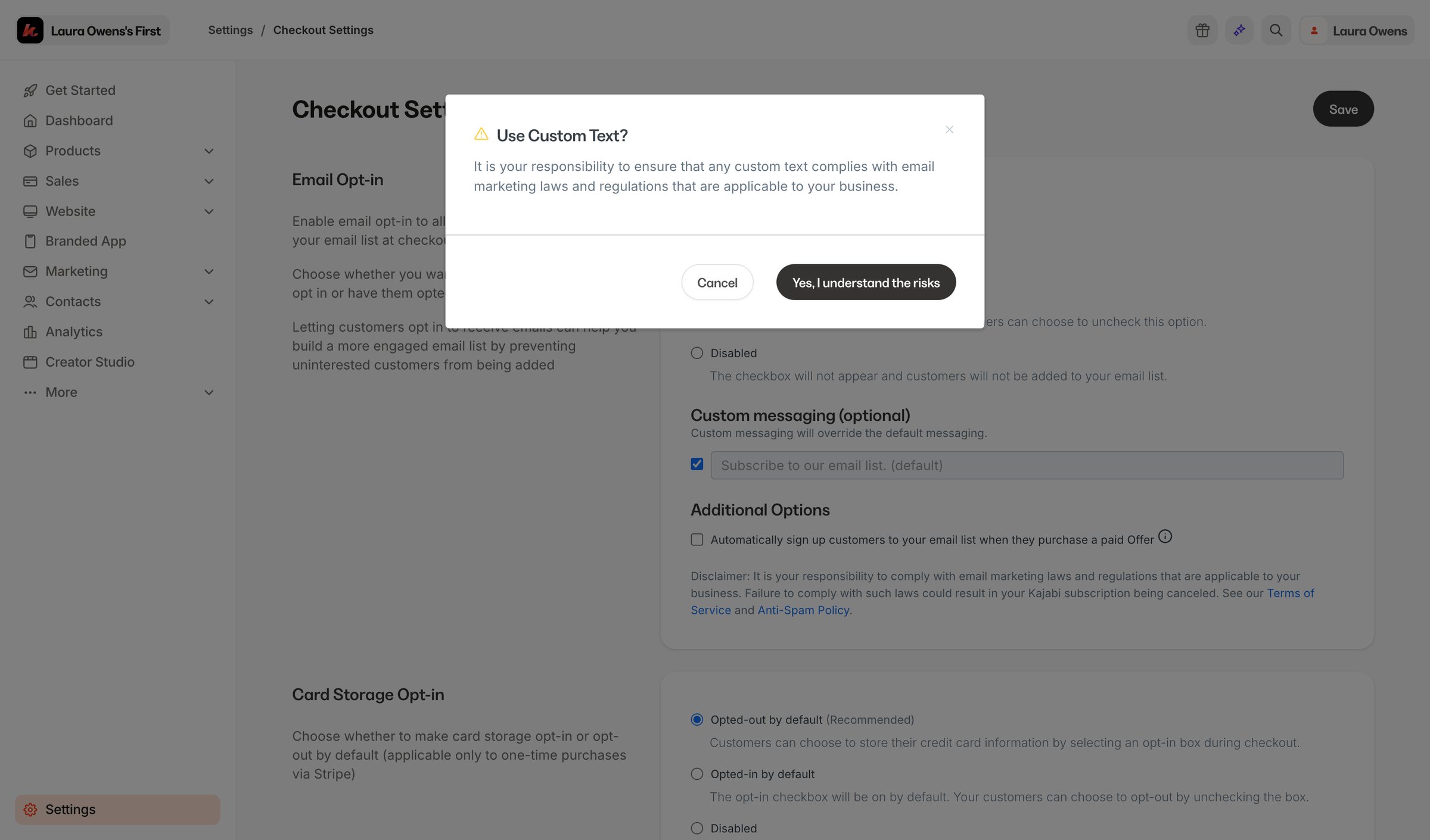Kajabi - Checkout Settings screen