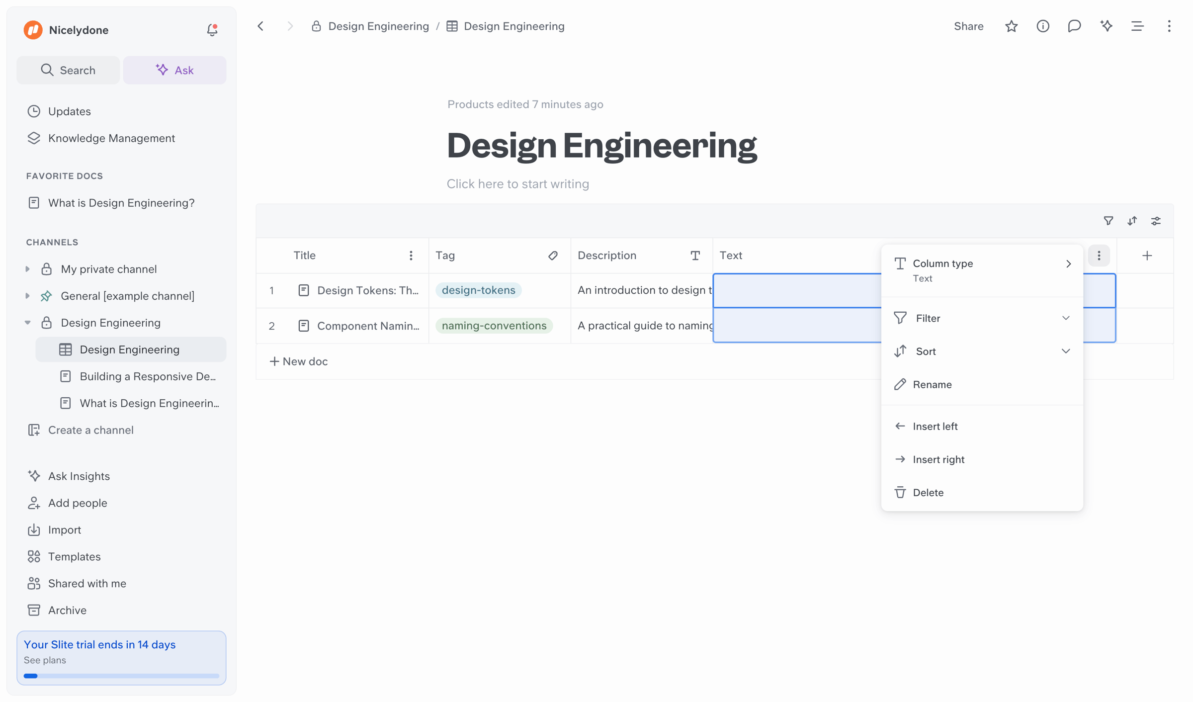 Slite - Design Engineering screen