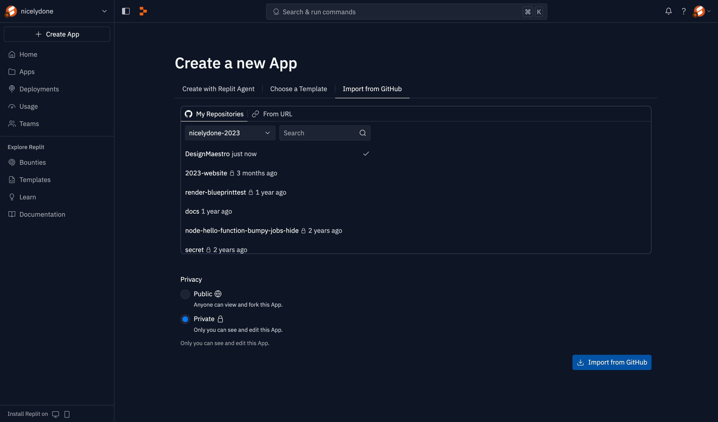 Replit - Create a new App - Replit screen